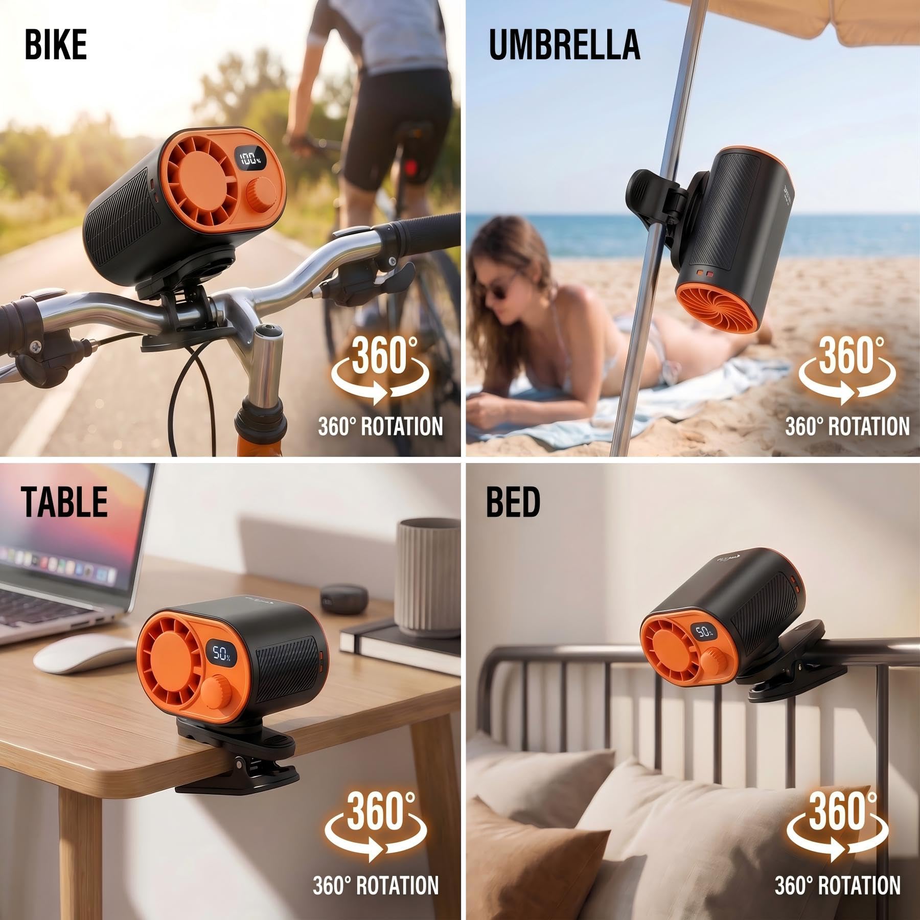 WHATOOK Ventilatore da cintura portatile: 1-100 regolazione continua della velocità con clip girevole a 360°, display digitale e funzione power bank da 10 W, ventilatore portatile per cantieri
