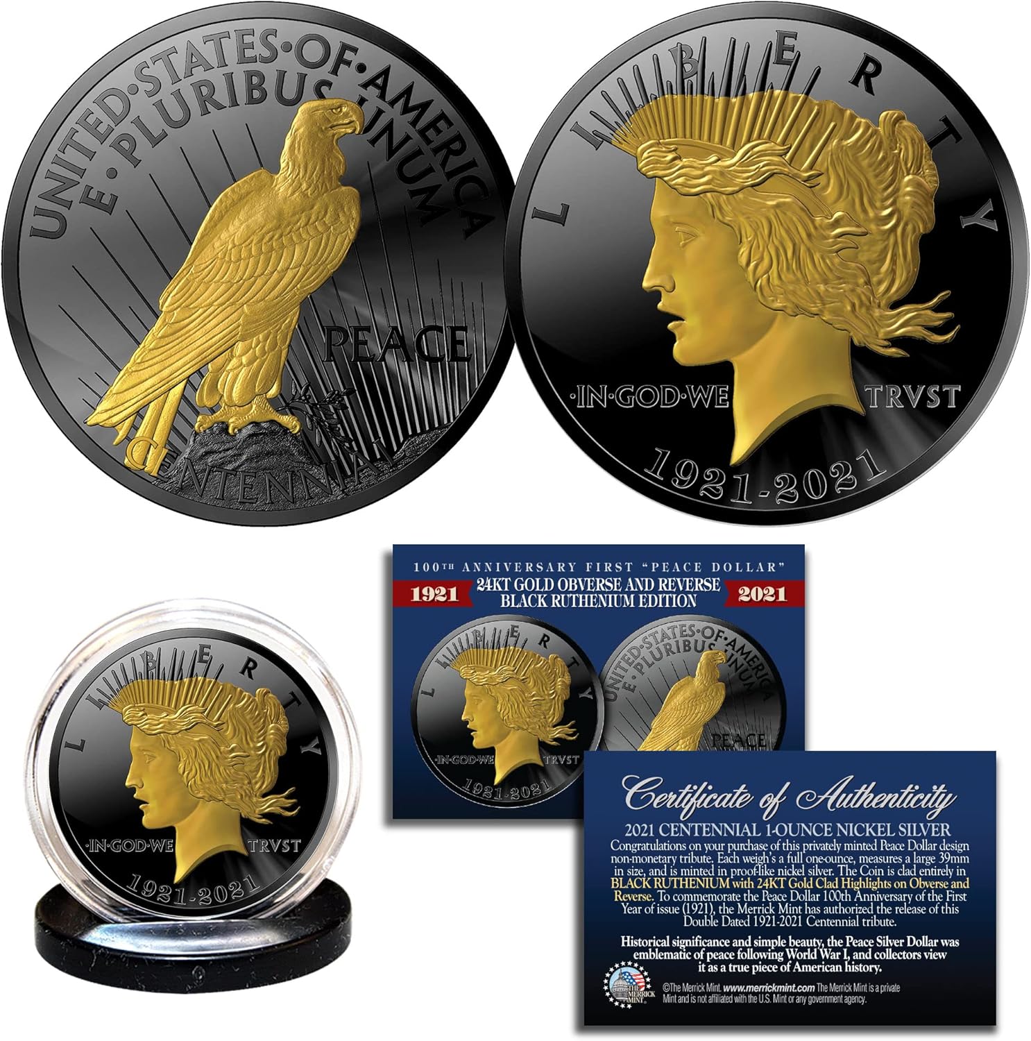 Peace Dollar Tribute Coin 100th Anniversary 1 OZ. Black Ruthenium & Gold