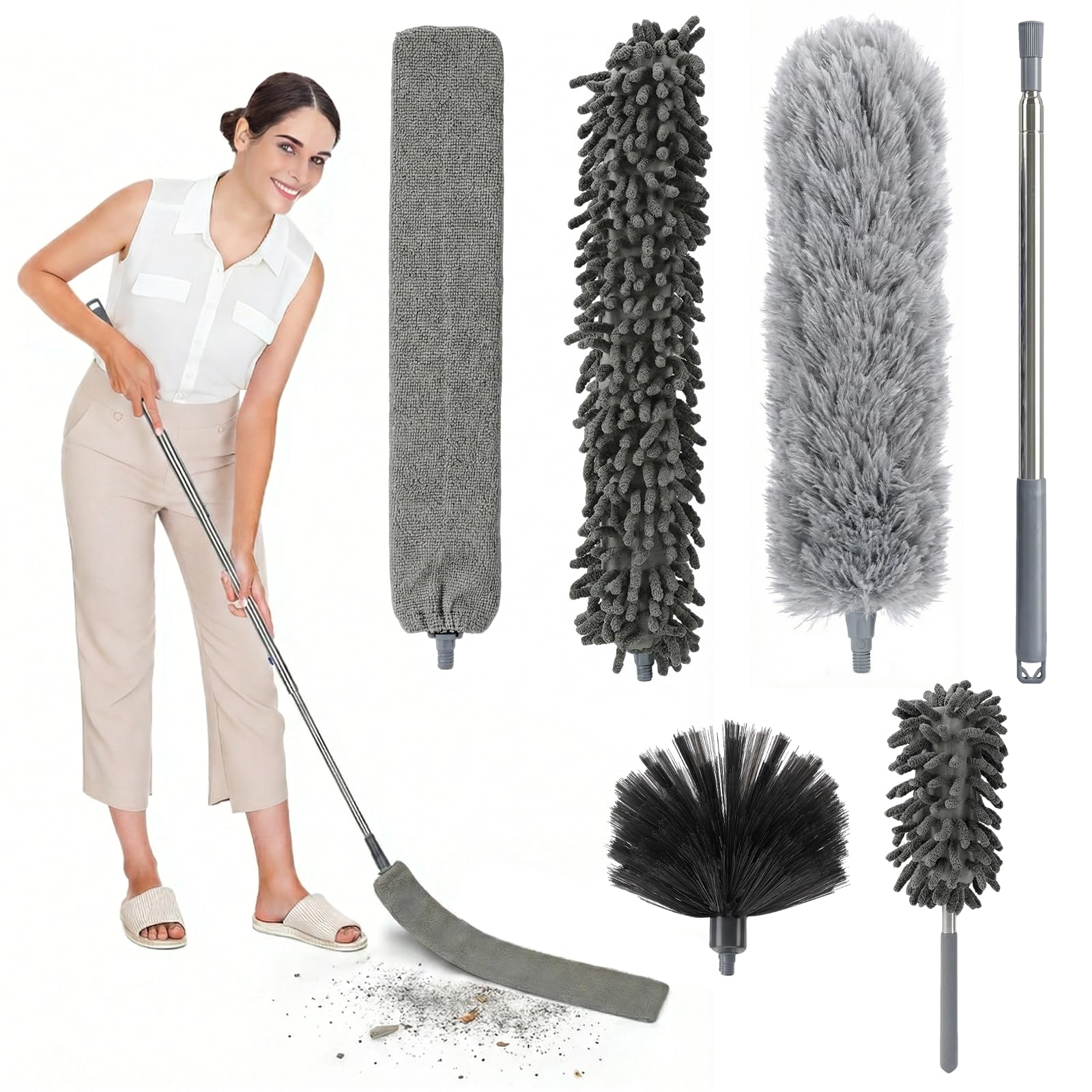 Carehabi Spolverino Telescopico Spolverino per Polvere Togli Ragnatele Allungabile 41-210 cm Spolverino Microfibra Lavabile per Soffitto Fessure Tetti Ragnatela