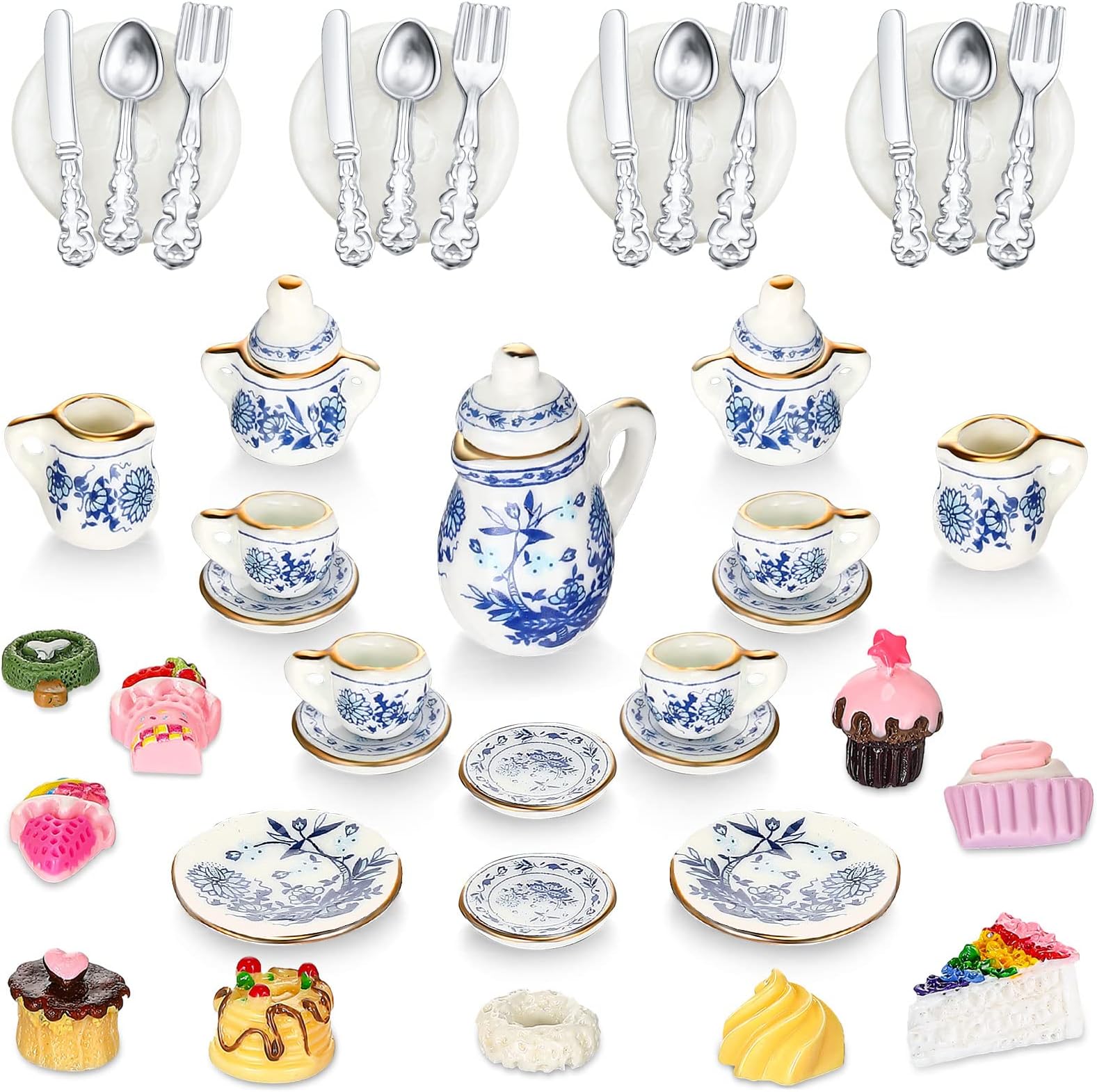 41 Pieces 1:12 Scale Miniatures Dollhouse Kitchen Accessories 15 Porcelain Tea Cup 16 Mini Doll Plate Knife Fork Spoon 10 Miniature Decor Dessert Pastry Cake Table Decor for Cook Party (Retro Style)