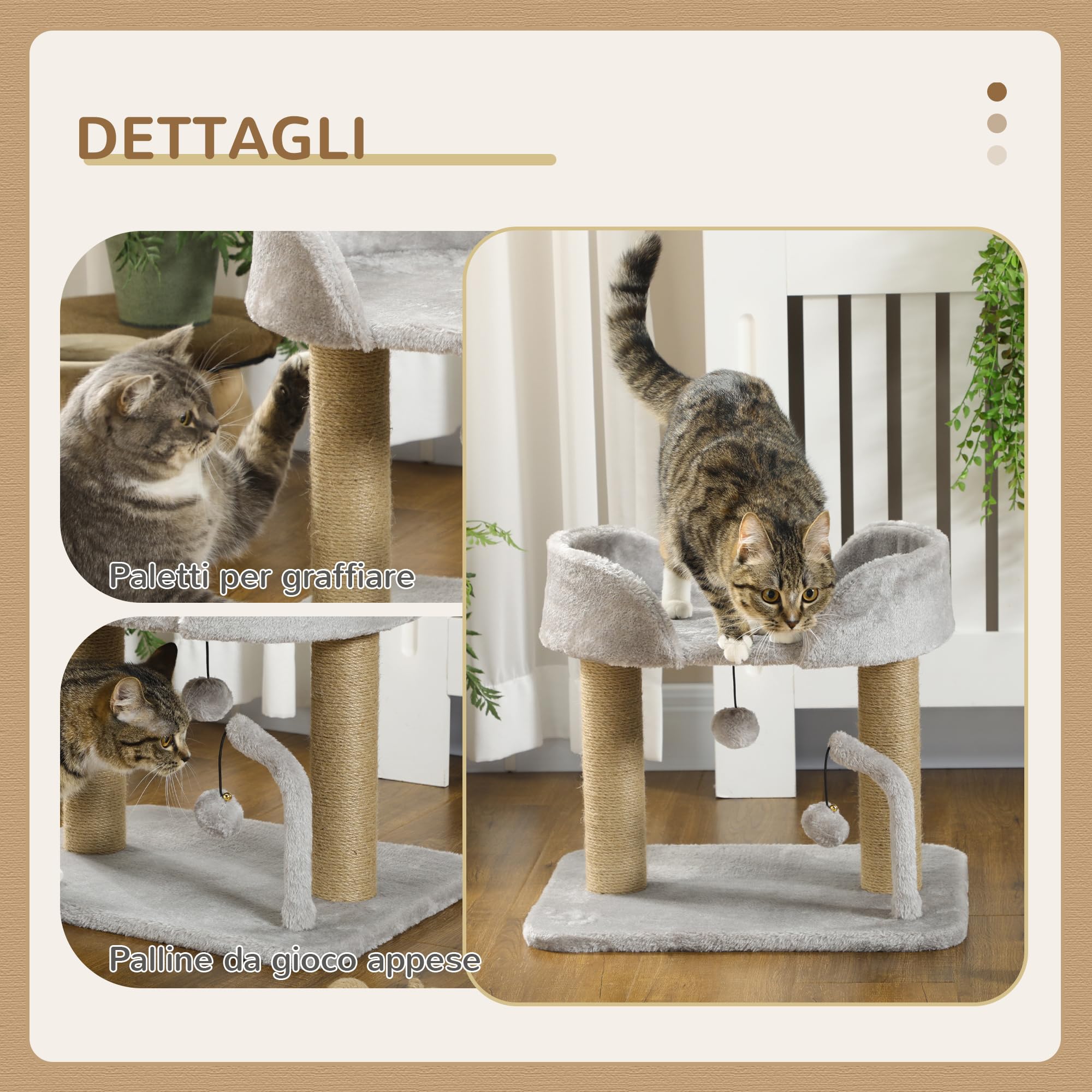 PawHut Torre per Gatti max 5kg con Tiragraffi in Juta, Albero per Gatti con Palline Giocattolo e Rivestimento in Peluche, 48x38x42 cm, Grigio