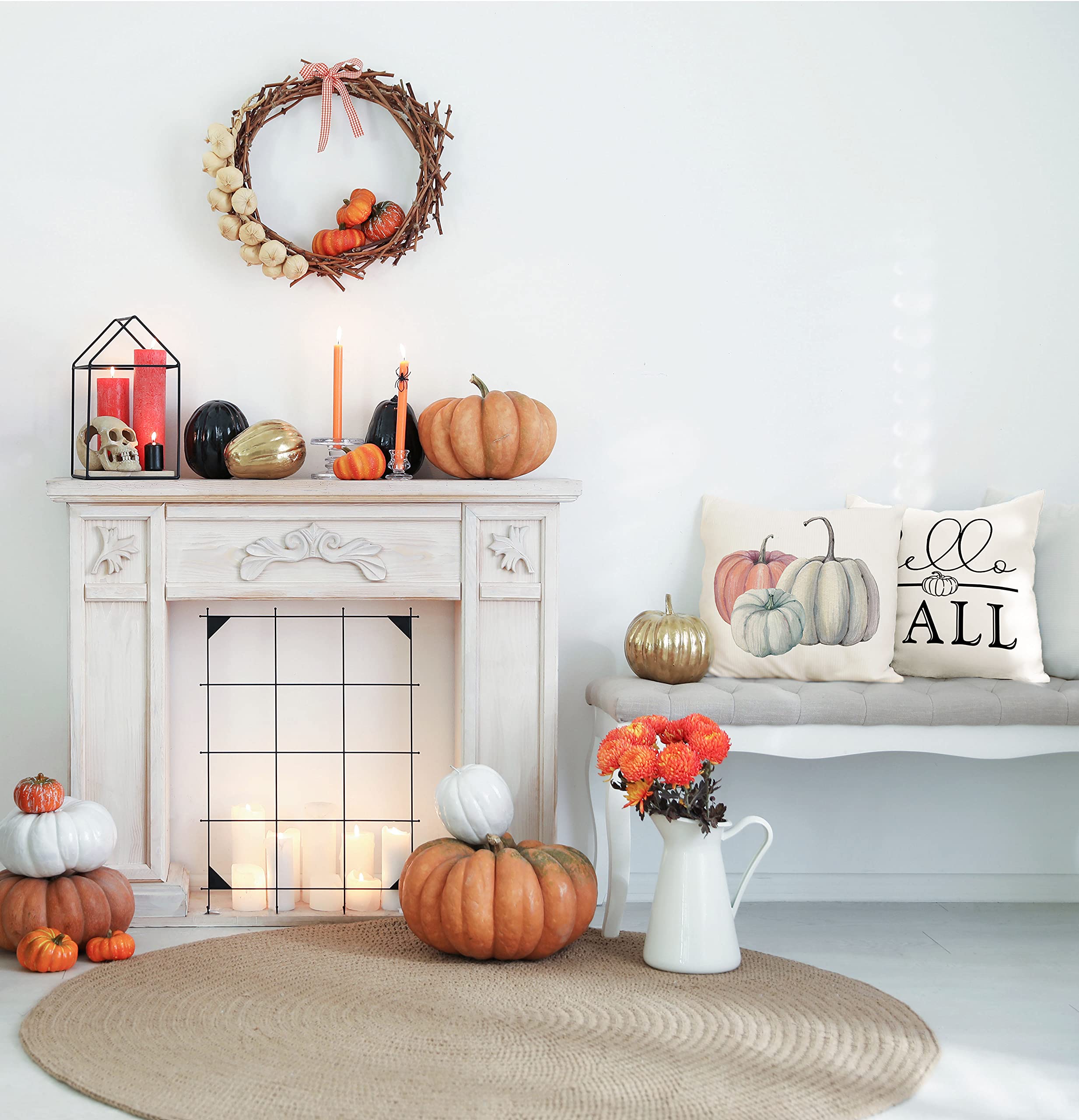 Fall Decorative Pillow Covers 18x18 Inch - Hello Fall Pumpkin Design, Set Of 2 (Linen Fabric) - View #7