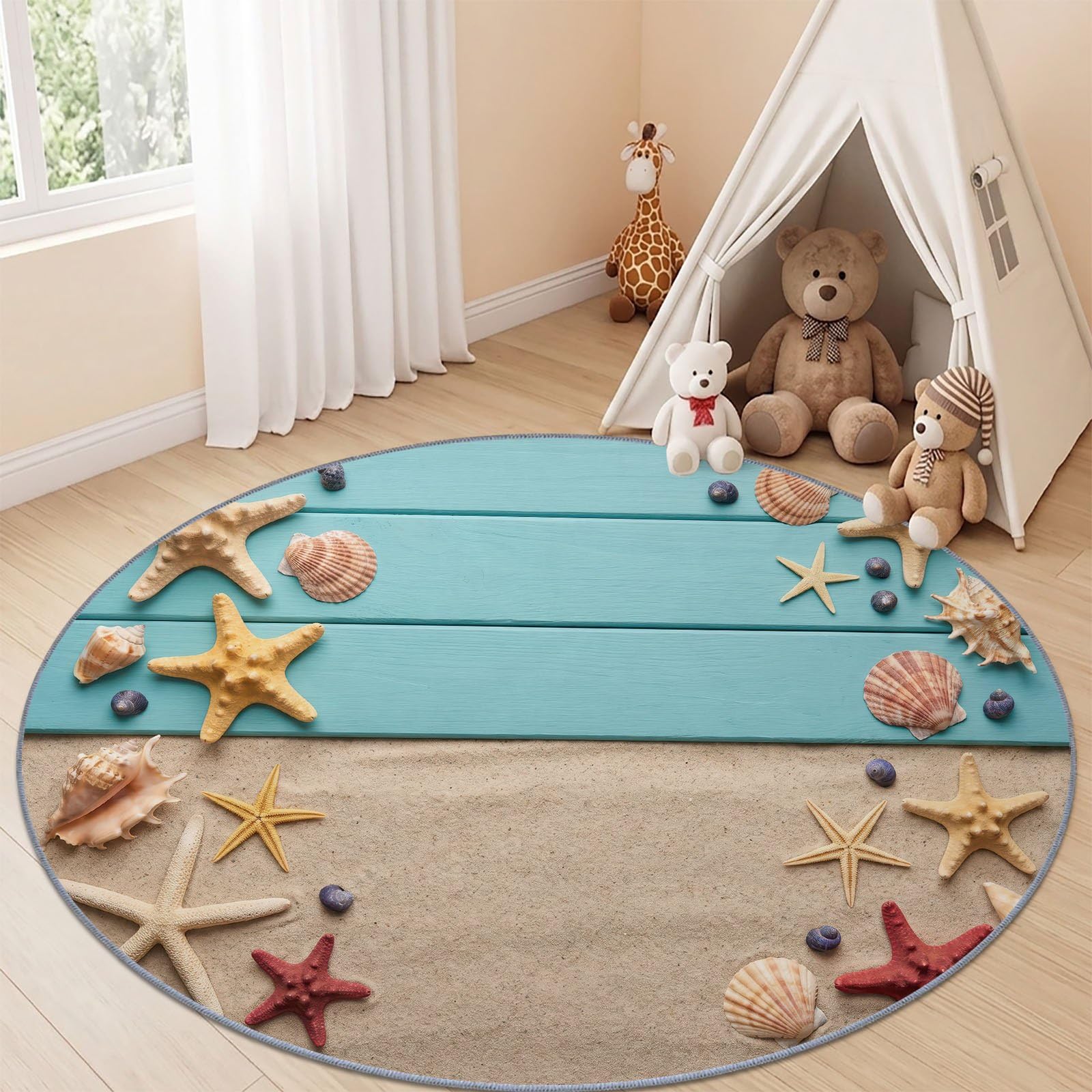 Tapis Rond Cotier Tropical 120 cm, Etoiles De Mer Coquillages Plage Lavable en Machine pour Salon, Bleu Antidérapant, Poil Court Tapis Rond Imprimé pour Chambre d’Enfant Nurserie