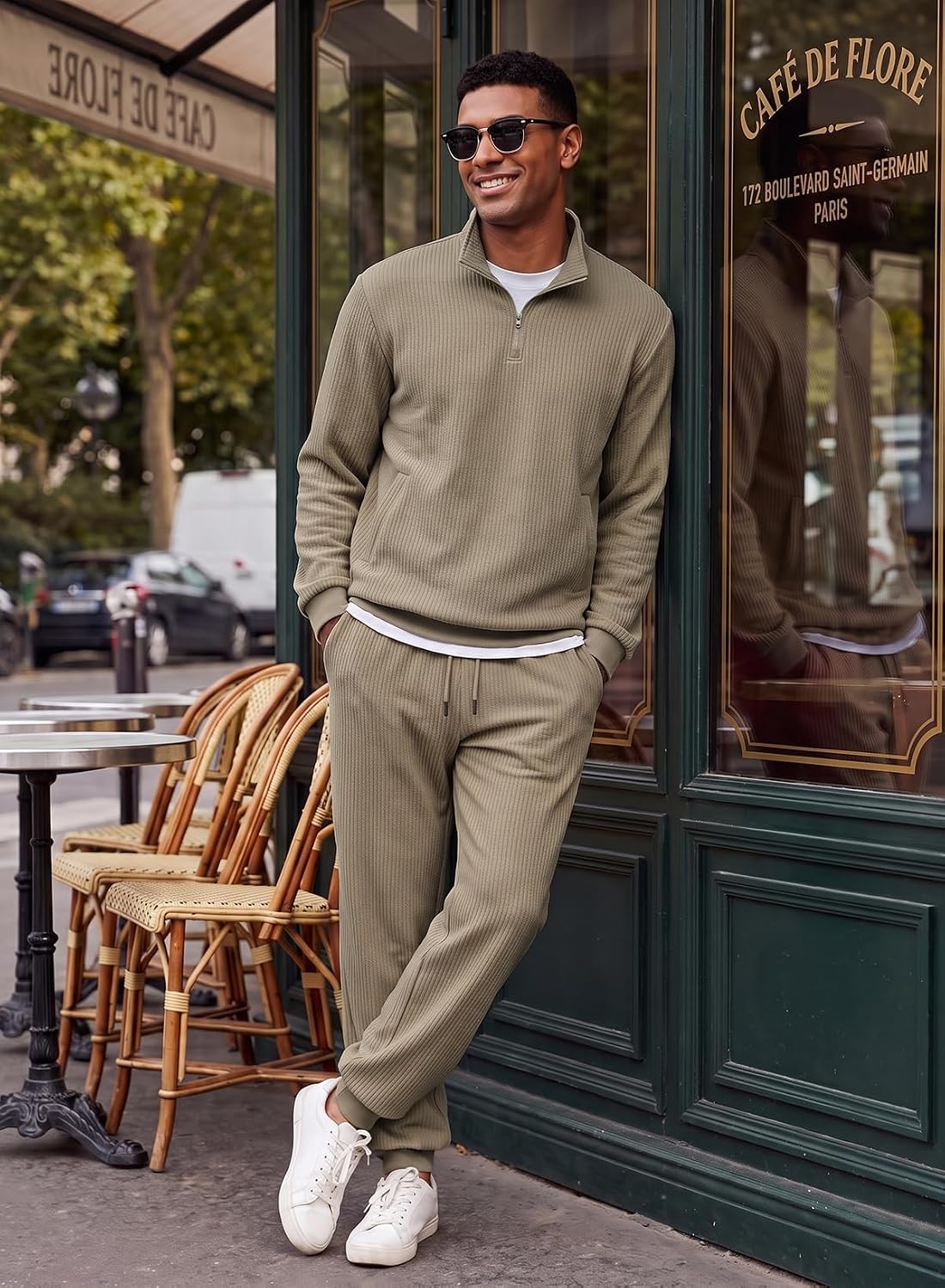 JMIERR Mens Sweatsuit 2 Piece Ribbed Quarter Zip Tracksuit Set