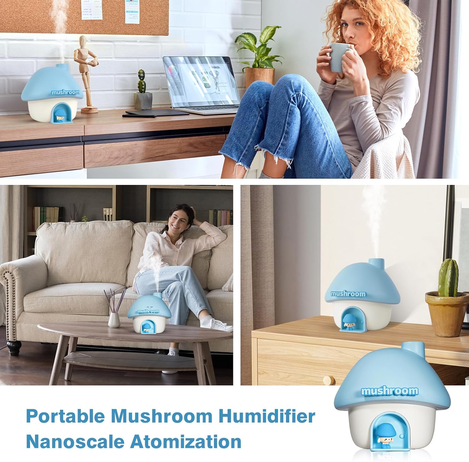Cute Mushroom House Humidifier, 300ml Small Cool Mist Humidifers, USB Rechargeable Mini Portable Air Humidifer with Night Light for Bedroom, Office, Car, Travel, Indoor Plants (Blue)