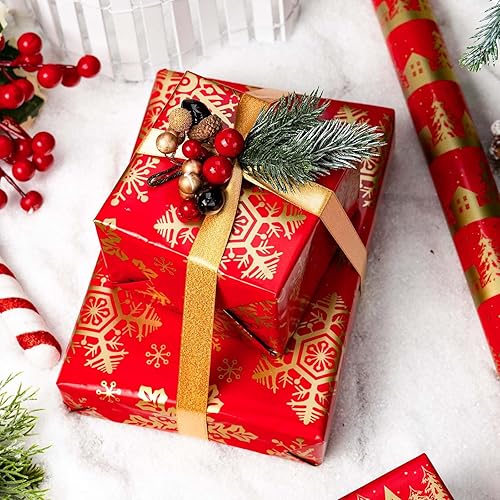 Miniatura 5 de MAYPLUSS Rollo de Papel de Regalo de Navidad, 17 Pulgadas X 16.5 Pies Papel de Regalo con Diseño de Árbol de Navidad Dorado Casa Copo de Nieve
