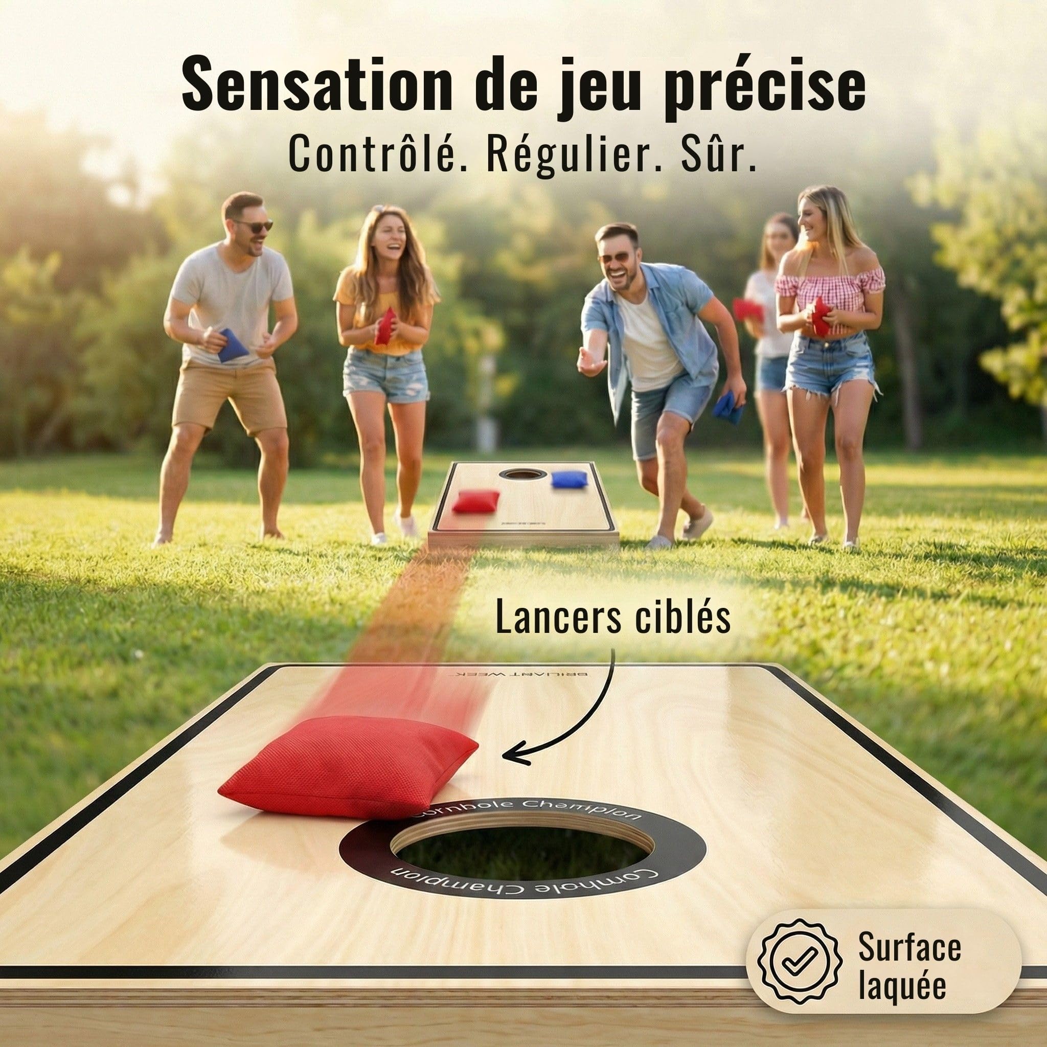 Briliantwerk® Cornhole – Set Complet Officiel en Bois avec 2 Planches, 8 Sacs & Housse | Jeu de Lancer extérieur pour Adultes & Enfants – Idéal Jardin & Plage
