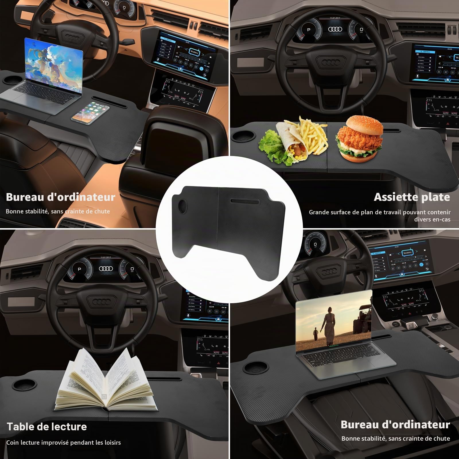 Bureau d'ordinateur Portable de Voiture pour Tesla Model 3 Model Y, Table de Travail Pliable pour Ordinateur Portable, Plateau de Volant, Plateau en Fibre de Carbone pour Travailler, Lire, Manger