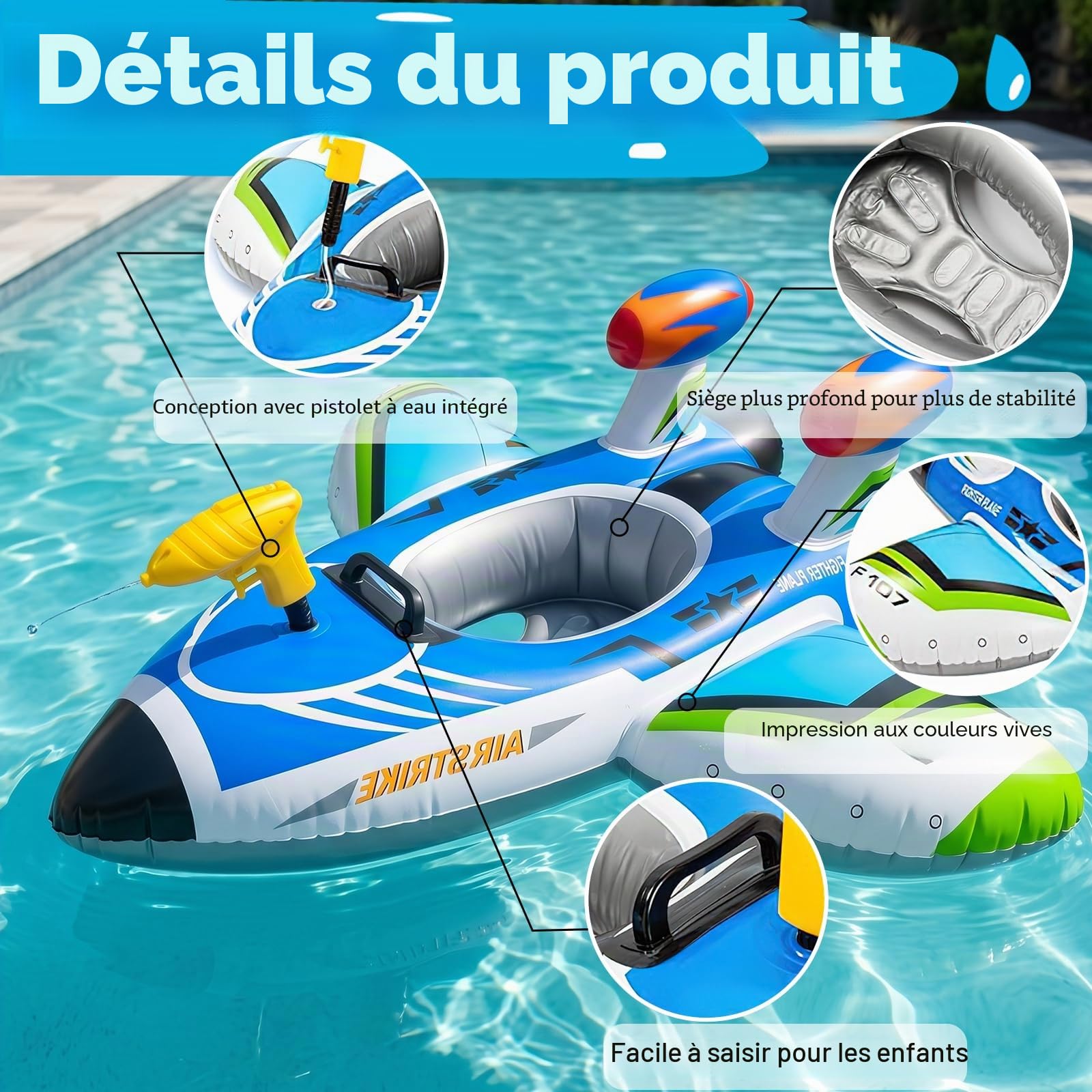 Bouee Bebe avec Pistolet, ZoneYan Bouee Piscine Bebe, Flotteur De Natation Avion, Jouets Aquatiques Piscine pour Enfants 1-6 Ans