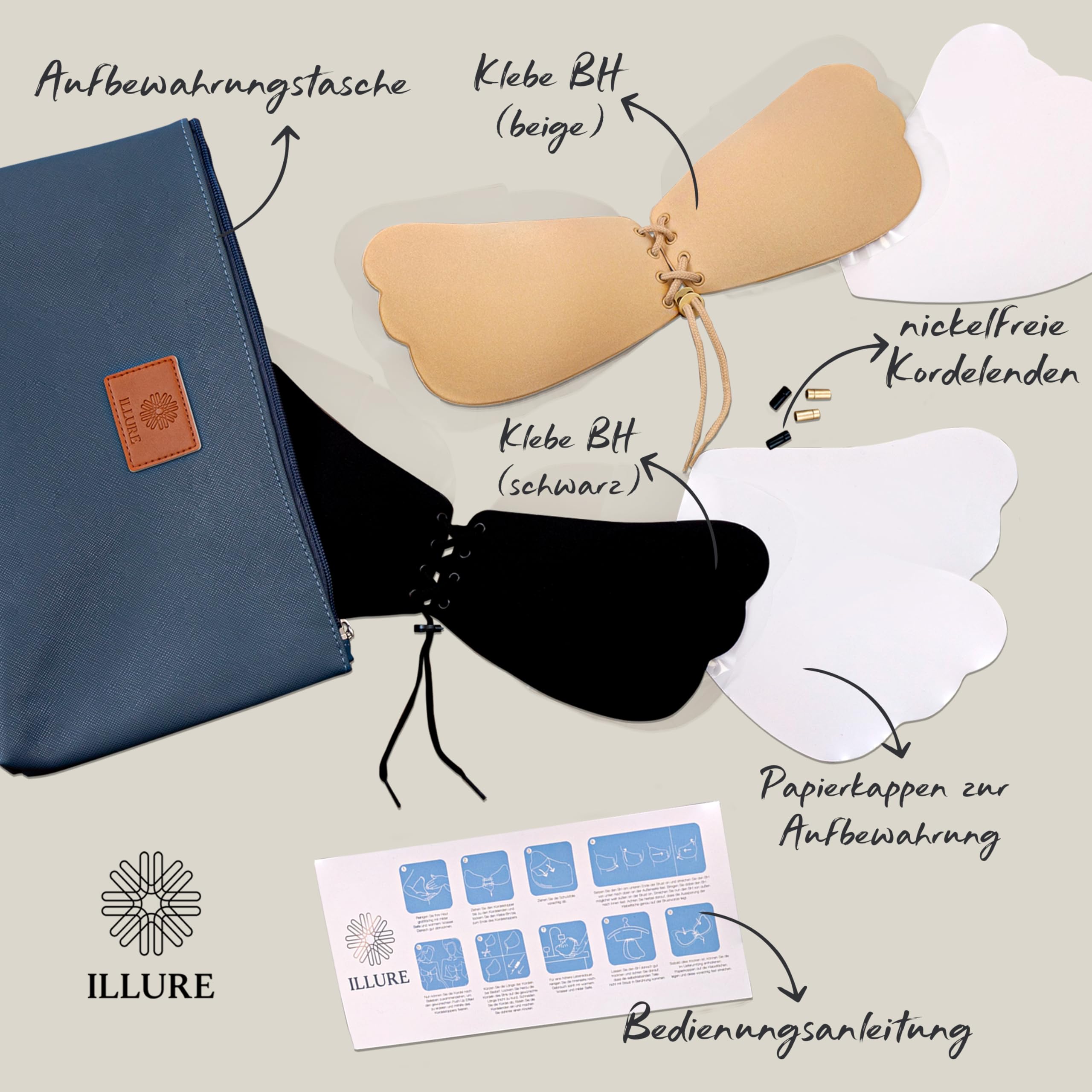 ILLURE® Adhesive Bra Samoprzylepny biustonosz push-up [opakowanie 2 szt.] Bez ramiączek, niewidoczny biustonosz push-up wielokrotnego użytku w kolorze czarno-beżowym.