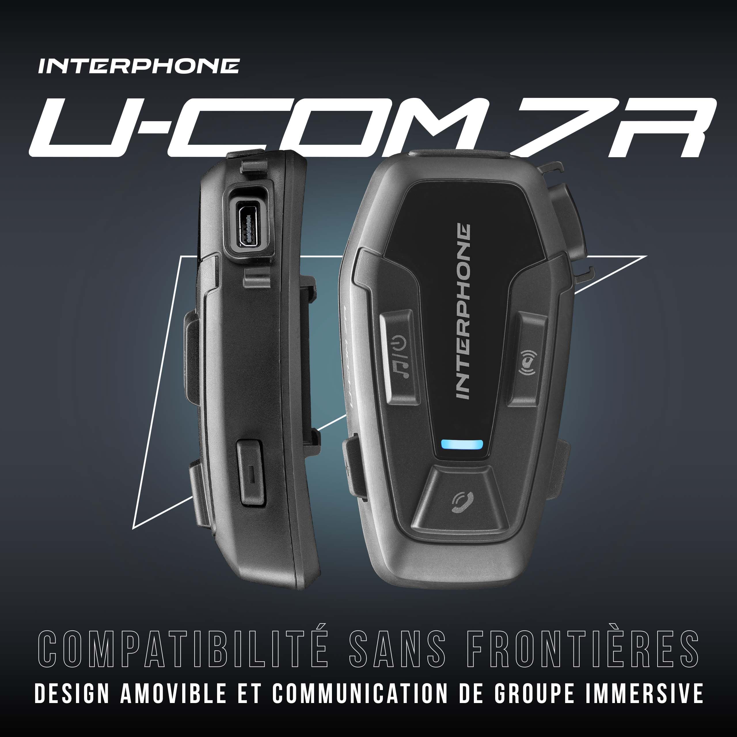 Interphone Intercom U-COM 7R Mono – Intercom Moto pour Communication Entre 4 usagers et jusqu'à 1km – avec Bluetooth 5.1 pour GPS et appels – Autonomie 15h et étanchéité IP67