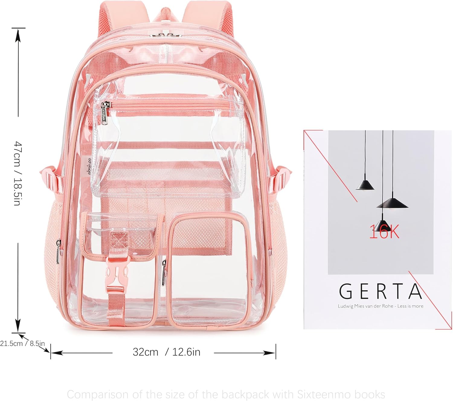 abshoo Large Clear Backpack For Girls Women School Bookbag Heavy Duty Transparent Backpacks (Baby Pink) - Image 6
