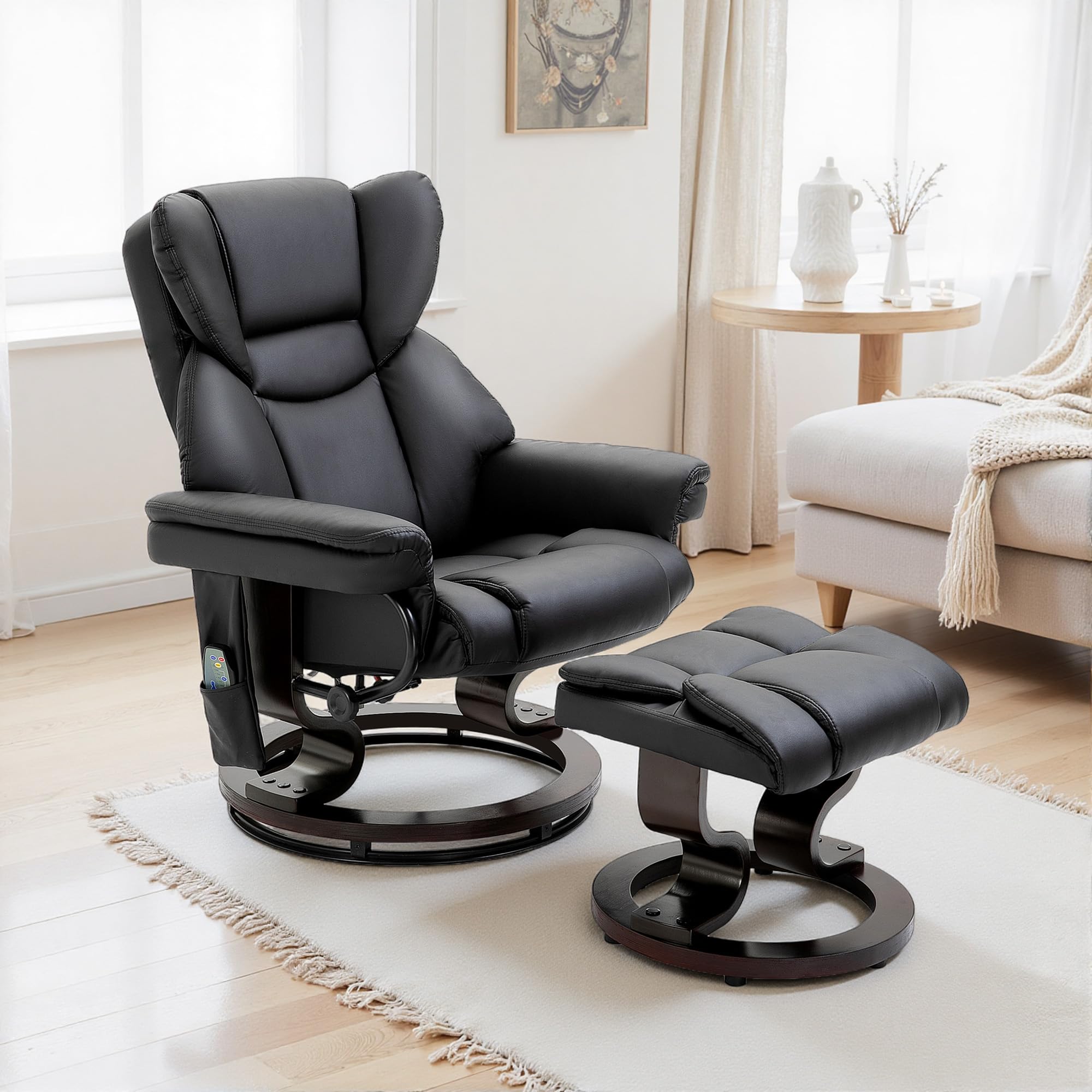 HOMCOM Poltrona Relax Elettrica con Pouf Poggiapiedi e Funzione Massaggio, Poltrona Reclinabile a 145° con Seduta Girevole a 360°, Rivestimento Finta Pelle, Nero