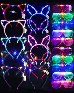 Honoson 20 Pcs Glow in The Dark Party Supplies, 10 Pcs LED Light up Glasses 5 Pcs LED Cat Ear Headband 5 Pcs Rabbit Ear Headband, 5 Colors Mardi Gras Sunglasses Neon Party Favors Kids Adults