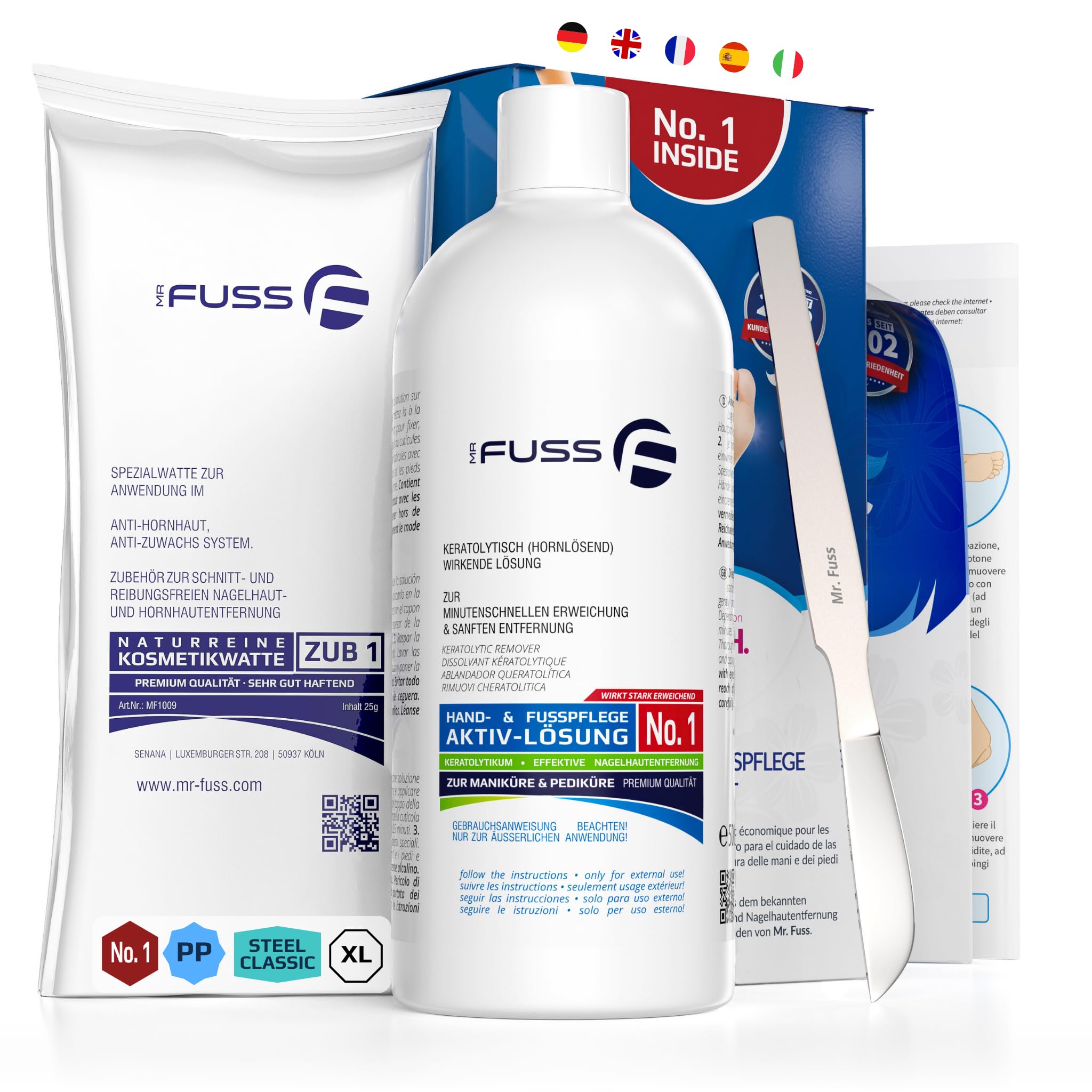 Mr. Fuss® No. 1 - Plus Pack Steel Classic per la cura dei piedi, per cuticole, confezione risparmio da 3 pezzi, soluzione attiva rapida e forte ammorbidente, standard, 200 ml, ovatta, raschietto per