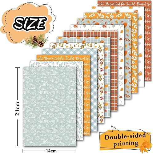 Miniatura 2 de Whaline 60 piezas de papel con patrón de otoño, hojas de otoño, calabaza, a cuadros, ondas, papel para manualidades, color naranja, azul, origami,