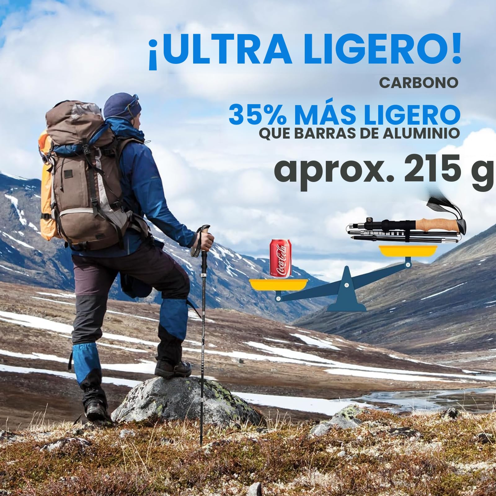 Overmont Bastones Trekking Bastones Senderismo Plegables de Carbono Ultraligeros Ajustables 105-125CM 1 Par Bastones Marcha Nórdica para Senderismo Alpinismo Trail Viaje