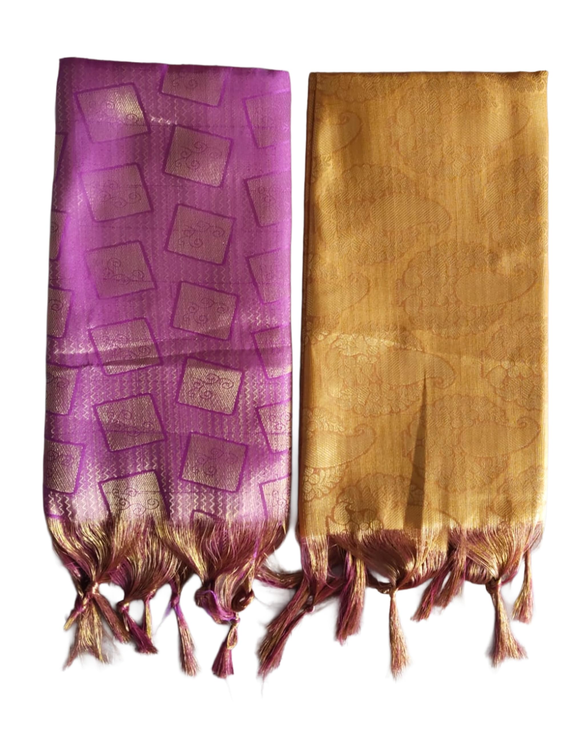 Golden Mustard Yellow & Magenta Purple Single Zari Swagat Shawl Pack of 2-image-45
