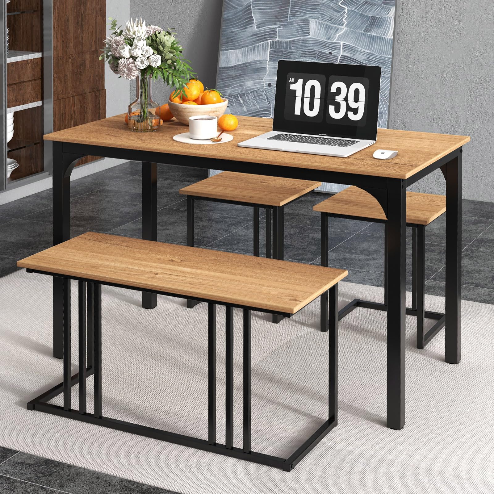COSTWAY Ensemble de Table à Manger 4 Pièces, Table avec Banc et 2 Tabourets pour 4 Personnes, Structure en Métal Antirouille, pour Cuisine, Restaurant, Bar (Naturel)