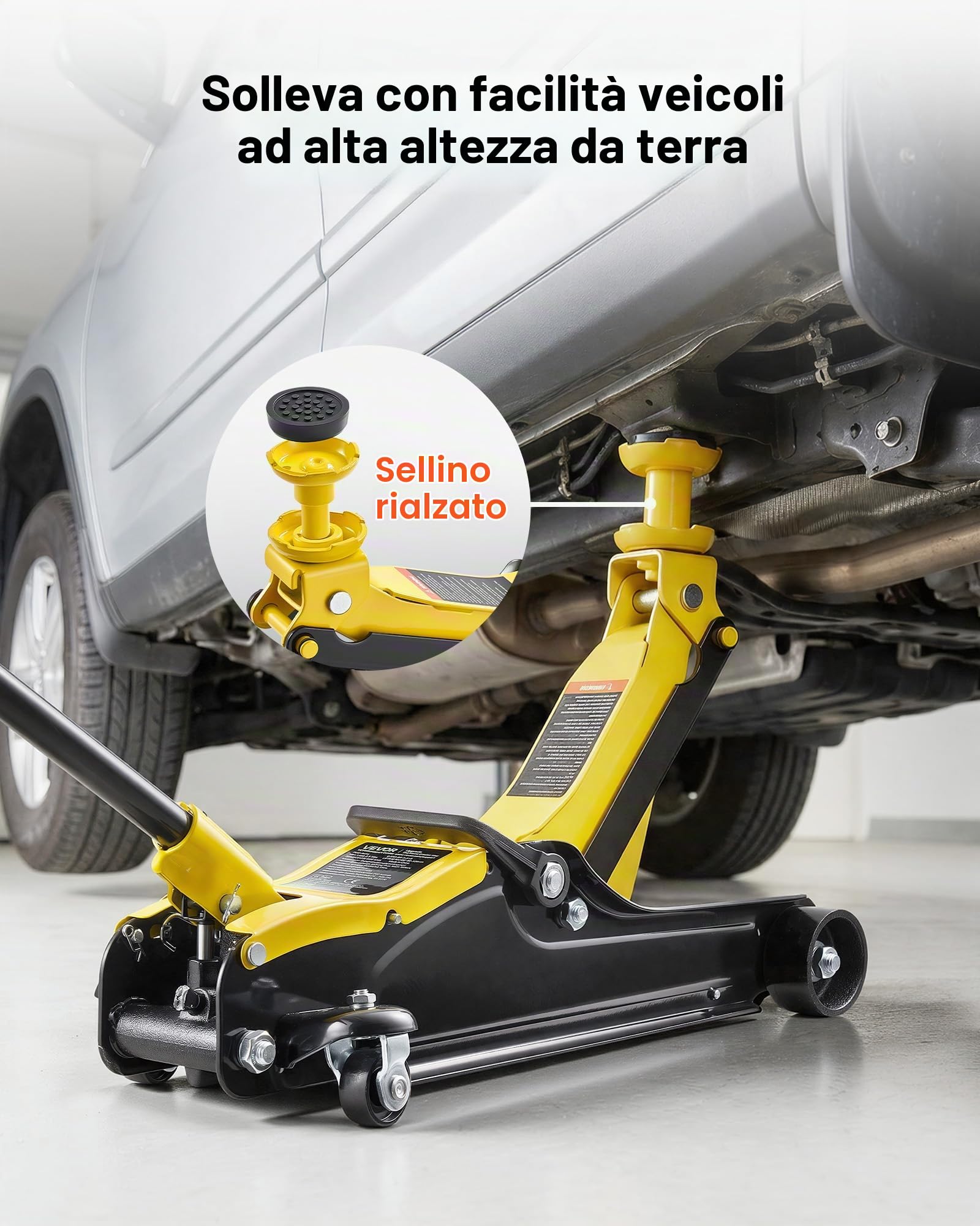 VEVOR Cric Idraulico a Carrello 2,5 Tonnellate a Basso Profilo, Cric Idraulico da Pavimento in Acciaio, a Pistone Singolo con Sella Rialzata, Altezza di Sollevamento 85-350 mm, per Auto, Moto e SUV