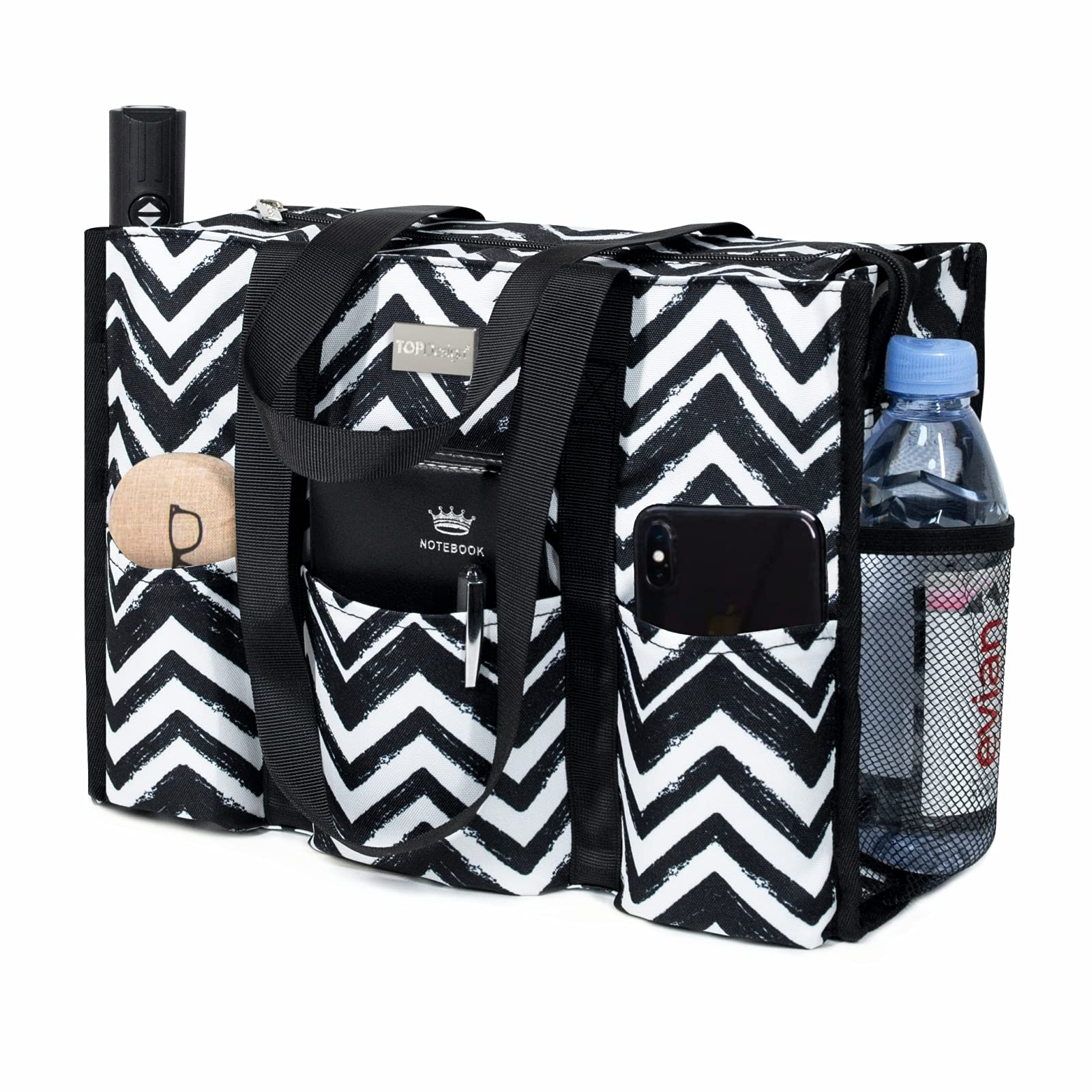 TOPDesign Utility Water Resistant Tote Bag with 13 Pockets, Top Zipper Closure &amp; Thick Bottom Support, for Working Women