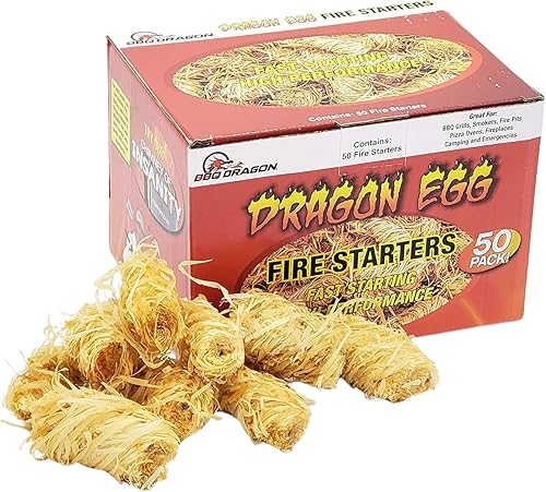 BBQ Dragon Iniciador de fuego de huevo, paquete de 50 arrancadores de fuego para chimenea, ultra rápido, arrancador de carbón de larga duración,