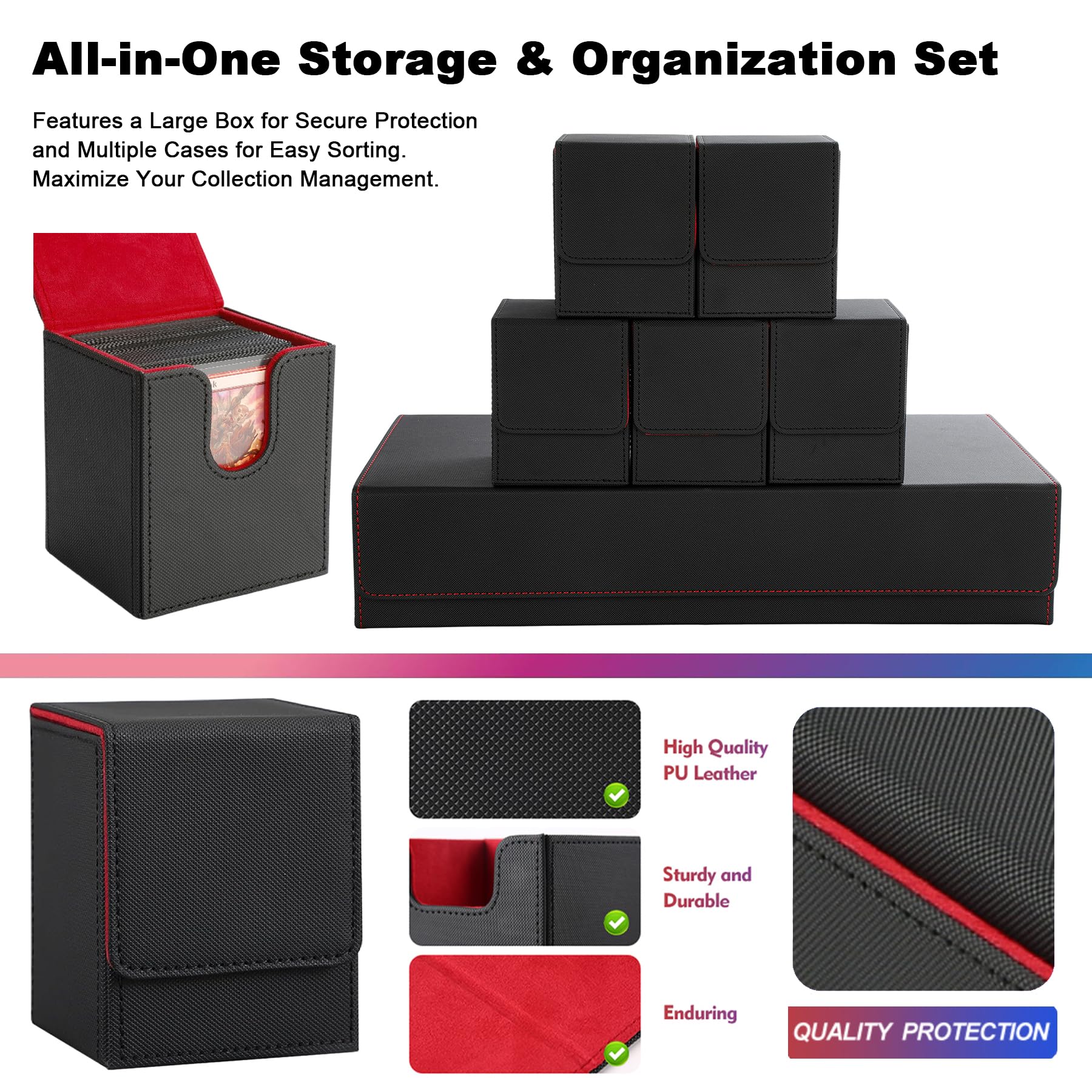 Amazon.com: Scimi Tournament-Ready Card Case with 5 Commander Deck Boxes &  Dice Tray, Magnetic Storage Case Holds 1000+ Cards, Portable All-in-One  System for MTG, Yu-Gi-Oh!, TCG, Multicolor (Black/Red) : Toys & Games