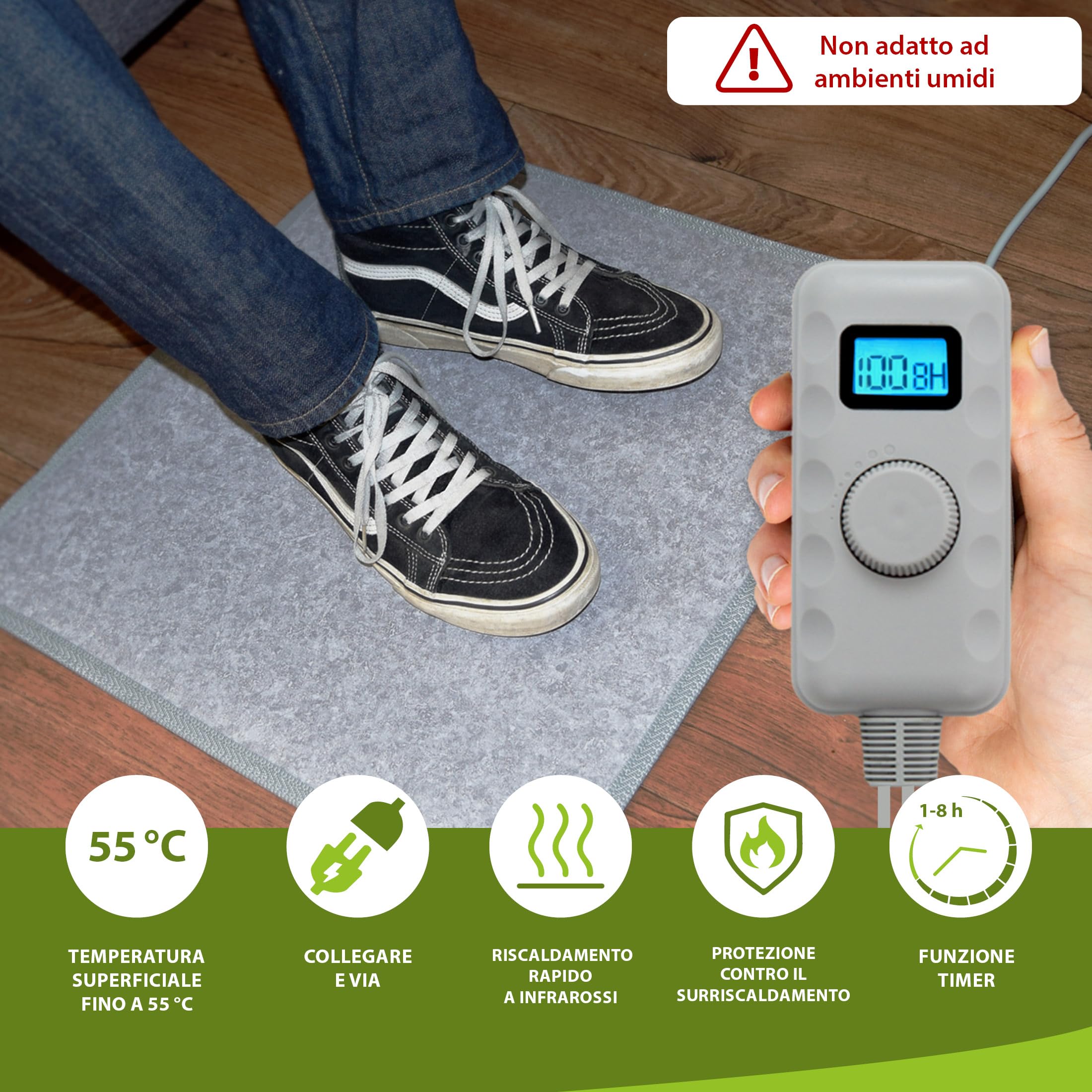 Mi-Heat Carbon Feet Pannello Riscaldante Scrivania Infrarossi (55x50cm) – Tappetino Piedi con Dimmer Regolabile Potente ca. 55°C – Base Antiscivolo, Grigio