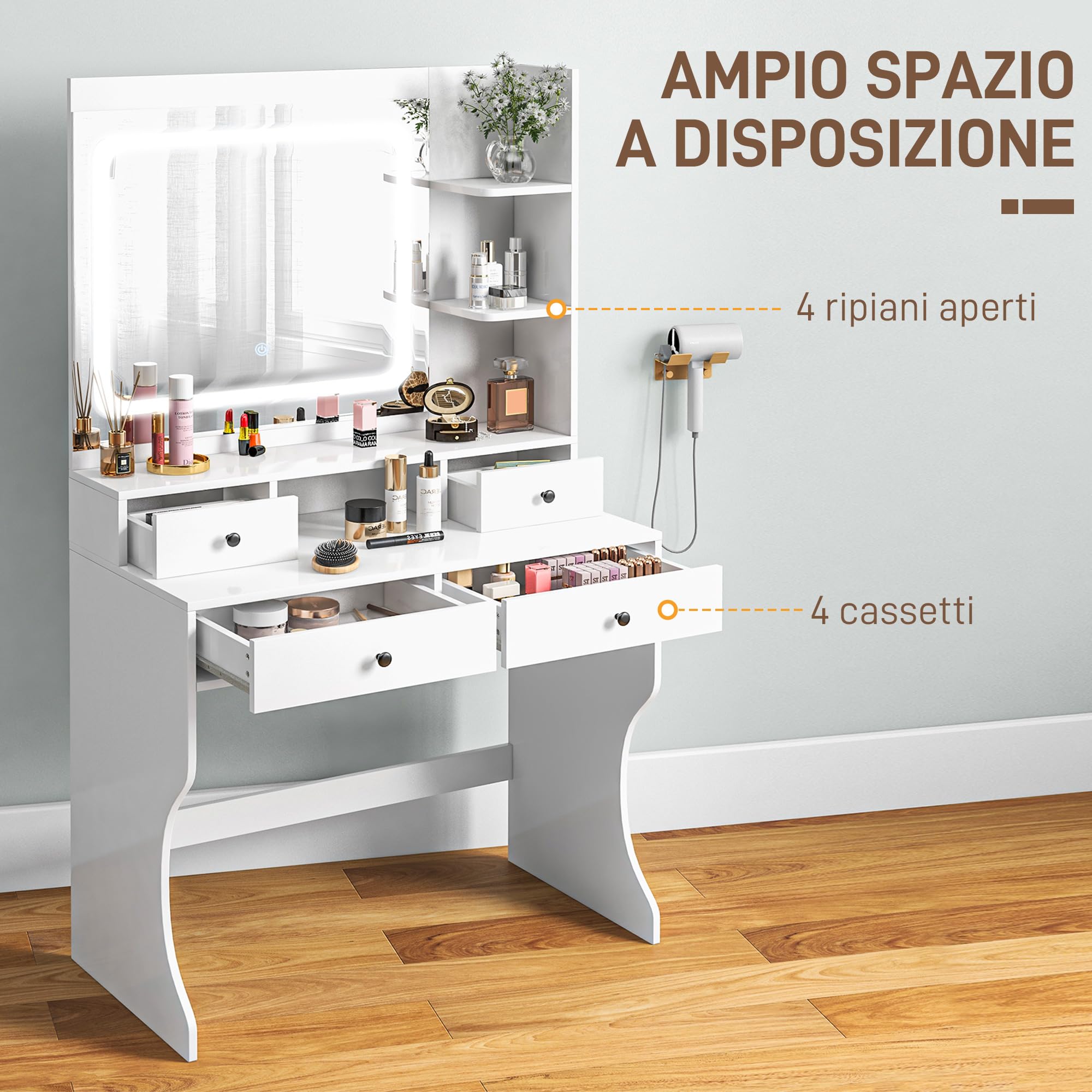 HOMCOM Toeletta Trucco con Luci LED e Specchio Prese USB 90x45x160cm Bianco