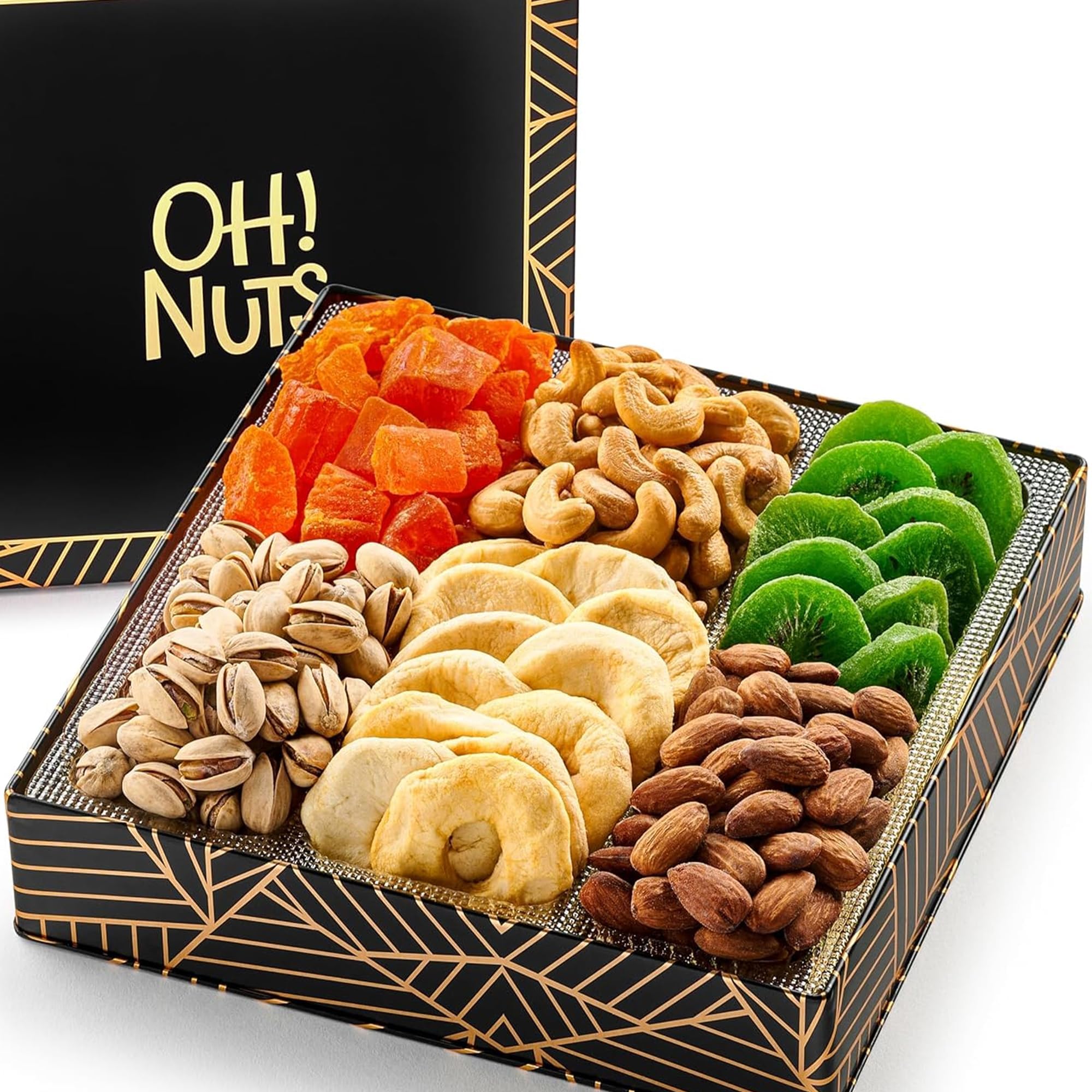 Oh! Nuts 6 Section Dried Fruits and Nuts Gift Basket - Gourmet Assorted Fruit & Nut Gifts Baskets - Healthy Food Square Metal Tin Box - Festive Gifts for Holiday, Birthday, Corporate Women & Men