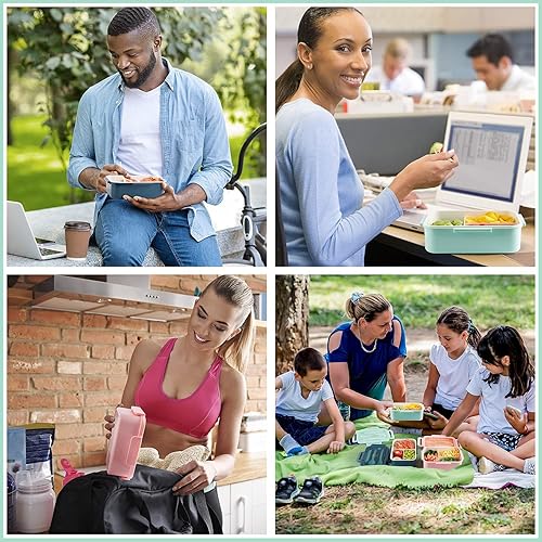 Miniatura 7 de Lonchera Bento para niños y adultos, caja Bento con cuchara y tenedor, cajas reutilizables de 3 compartimentos divididos para almacenamiento de