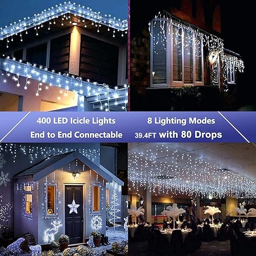 Miniatura 5 de Lomotech - Luces LED de carámbano, 400 luces LED de 39.4 pies, 8 modos con 80 caídas de luces de Navidad de carámbano, impermeables, conectables al