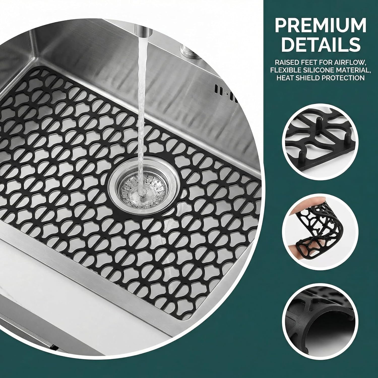 26x14 Silicone Kitchen Sink Protector Mat - Black Sink Mat for Bottom of Sink with Rear Drain & Center Drain Options - Dishwasher Safe Sink Protector for Stainless Steel Sinks
