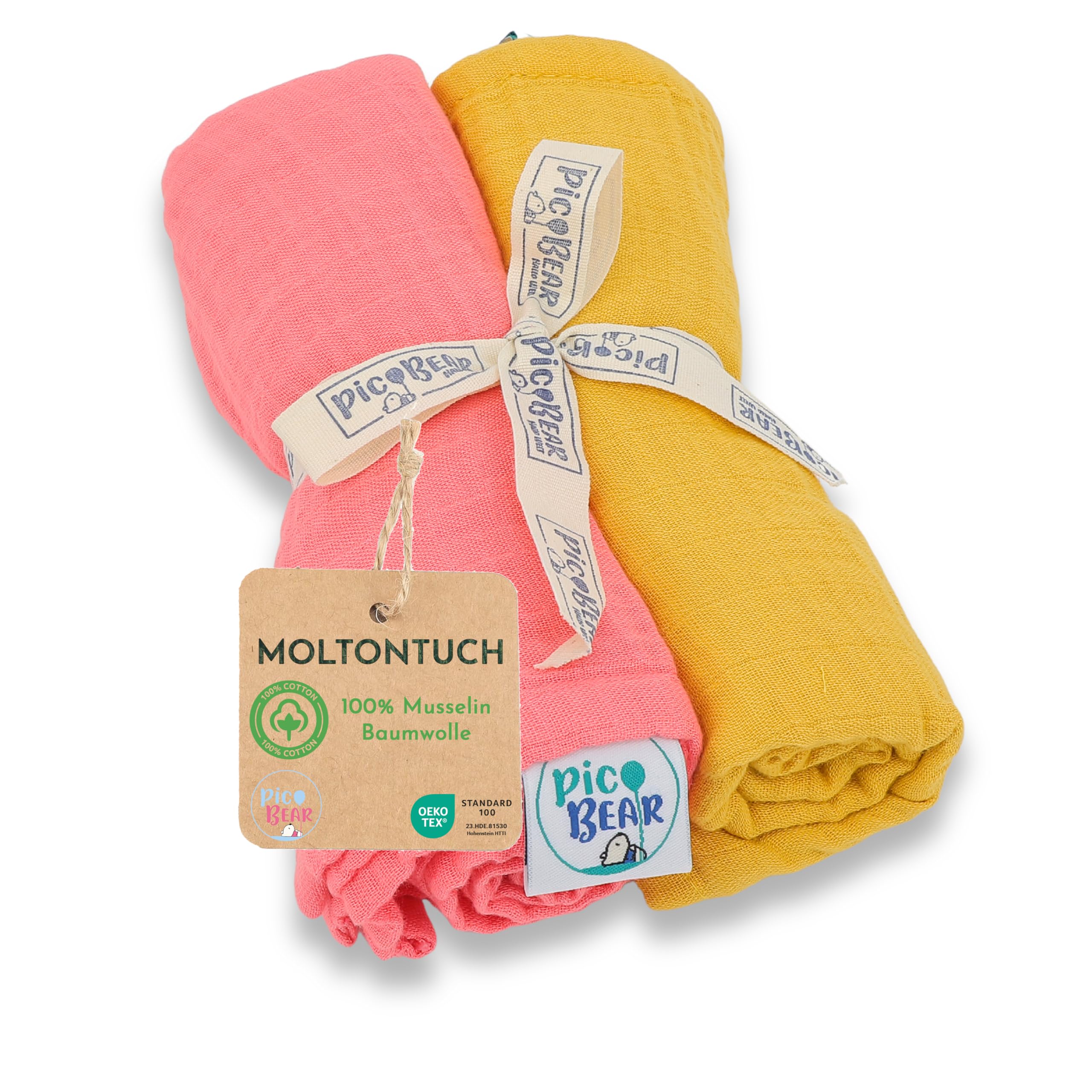 pic Bear Musselin Molton Tücher 80x80cm - Ultra-weiche Multitalente für Babyalltag: Spucktuch, Schmusetuch & mehr - 100% Baumwolle - 2er Pack (Spicy Mustard + Desert Flower)