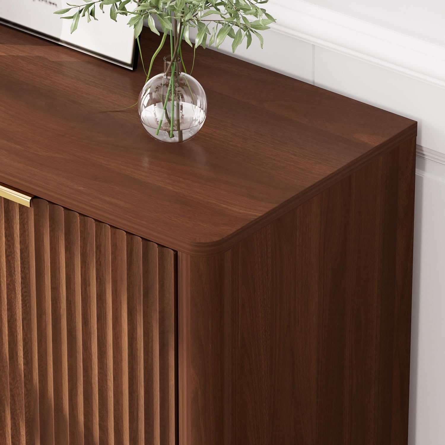 Sideboard Buffet Cabinet 4 Door, Fluted Arc Edge with Golden Handles Silent Hinges Adjustable Shelves Waterproof Panel, Modern Luxury for Kitchen Dining Living Room Entryway