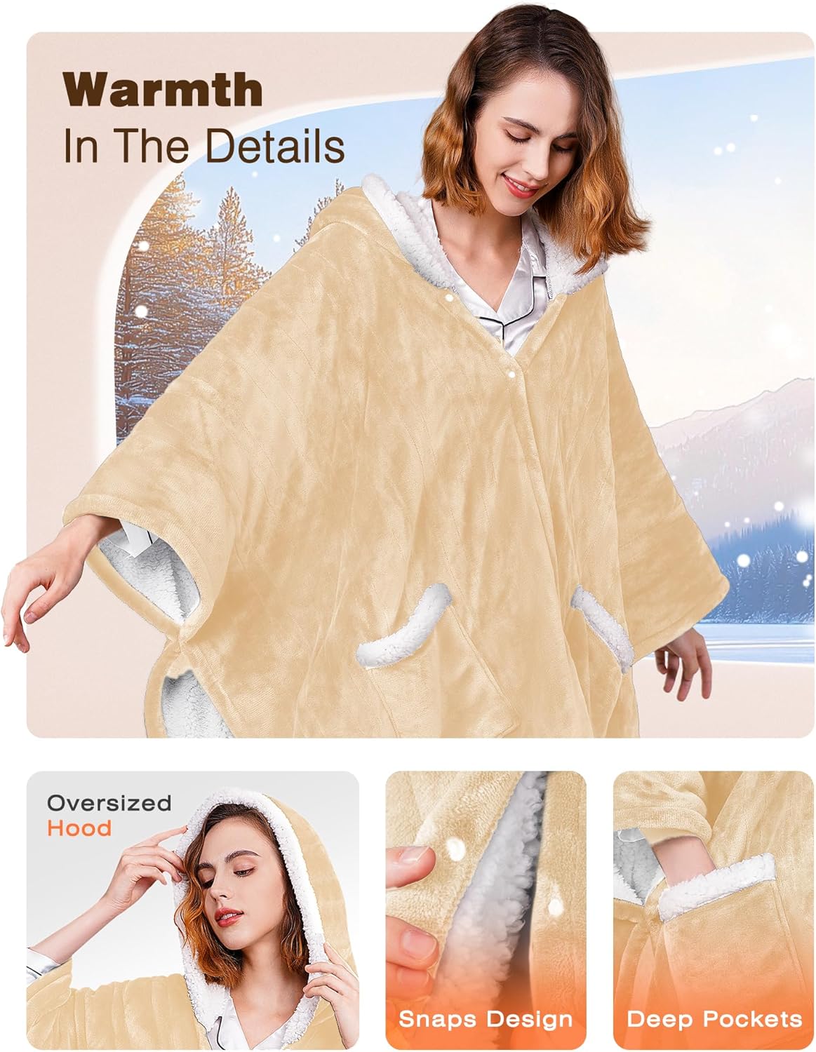 Wearable Heated Blanket - Cozy Gift for Women, Mom, Men| Reversible Flannel & Sherpa Electric Wrap with Pockets & Hood, 6 Heat Levels, 1-4H Timer, ETL Safe, Machine Wash, 50"x70" Beige - Image 6