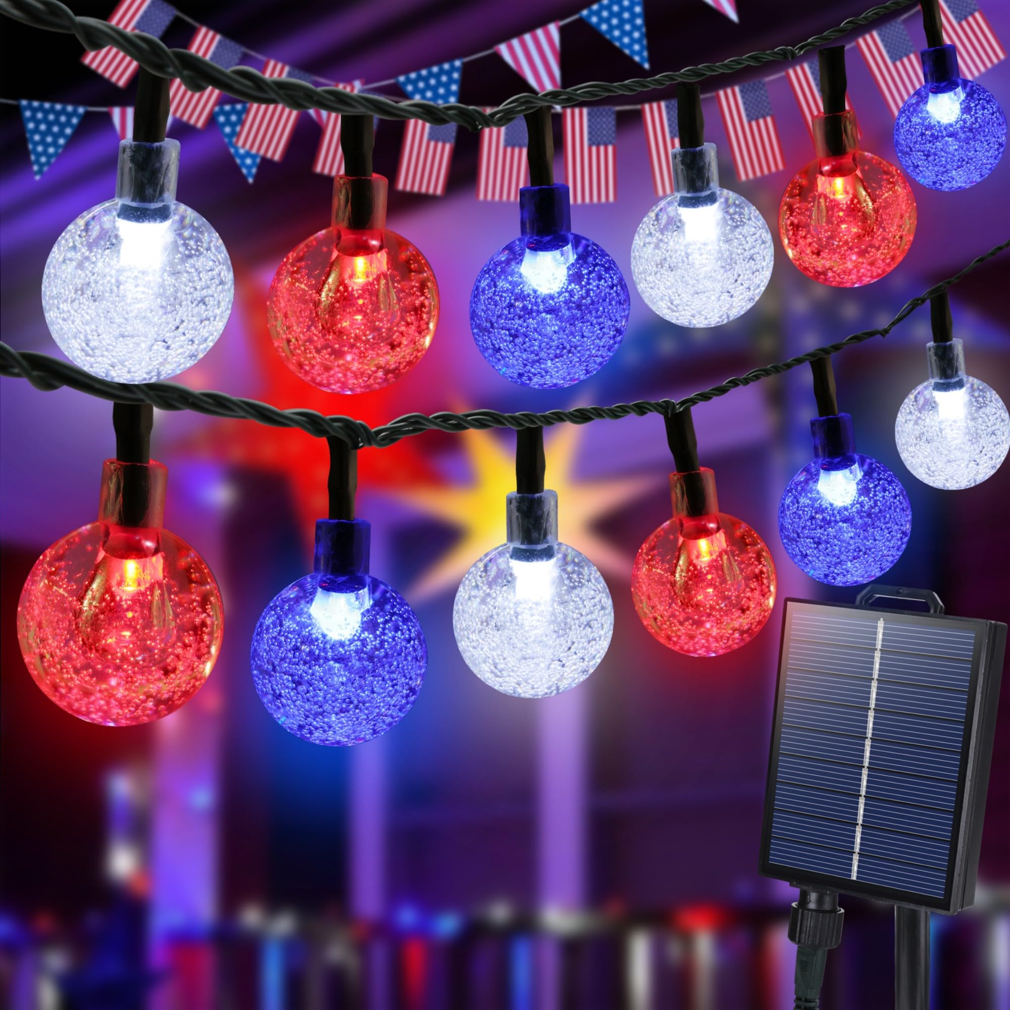 Joomer 4th of July Red White Blue Solar String Lights,39FT 60LED Waterproof with 8 Lighting Modes Patio Lights for Independence Day Garden Yard Gazebo Party