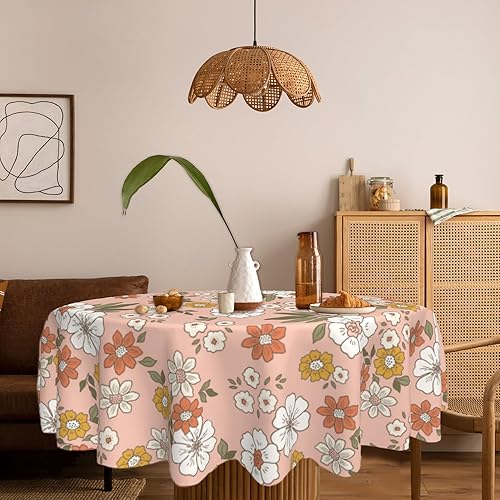 Miniatura 7 de Mantel redondo retro de los años 70 de 60 pulgadas, mantel circular de flores bohemias, poliéster, impermeable, sin manchas, sin arrugas, para el