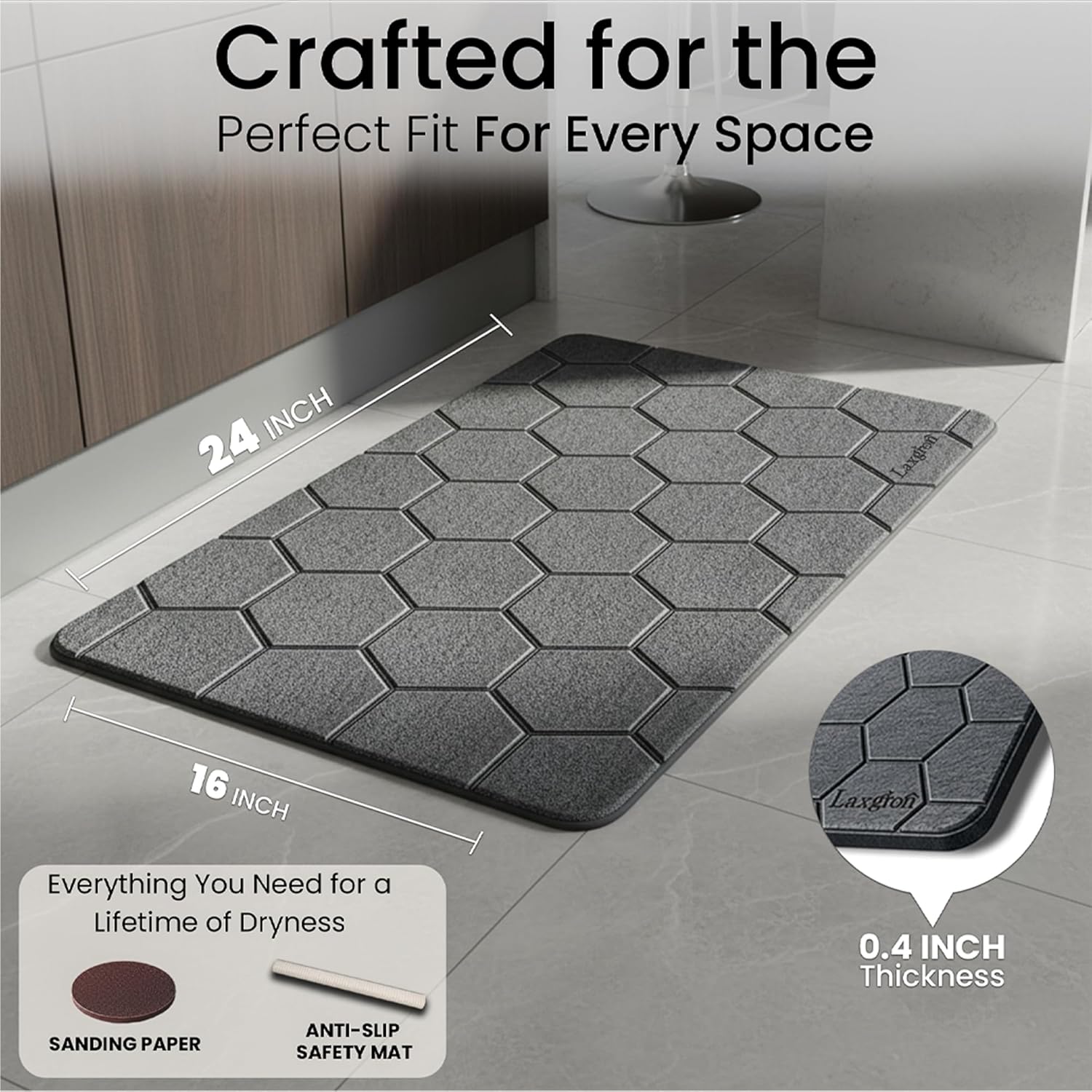 Stone Bath Mat - Premium Instant Absorption Natural Diatomaceous Earth Shower Mat 24"x16", Anti-Mold - Non-Slip Design, Ultra-Fast Drying Bathroom Floor Mat with Honeycomb Pattern, Gray - Image 6