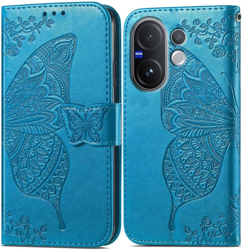 Image of ClickCase Butterfly Series for vivo V60e 5G Leather Embossing Wallet Flip Case Kick Stand Magnetic Closure Flip Cover for vivo V60e 5G (Sky Blue)