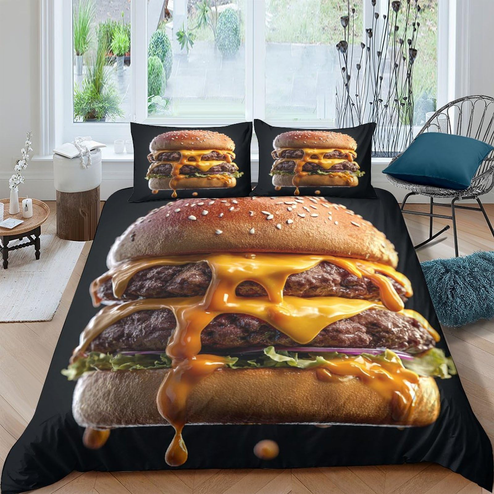 Ctjqhvkz Style-8 3D Printed Double Cheeseburger Fitted Sheet Microfiber Soft Burger Bed Cover For Bedroom Dorm Room Decor Mattress Protection Single（135X200cm）