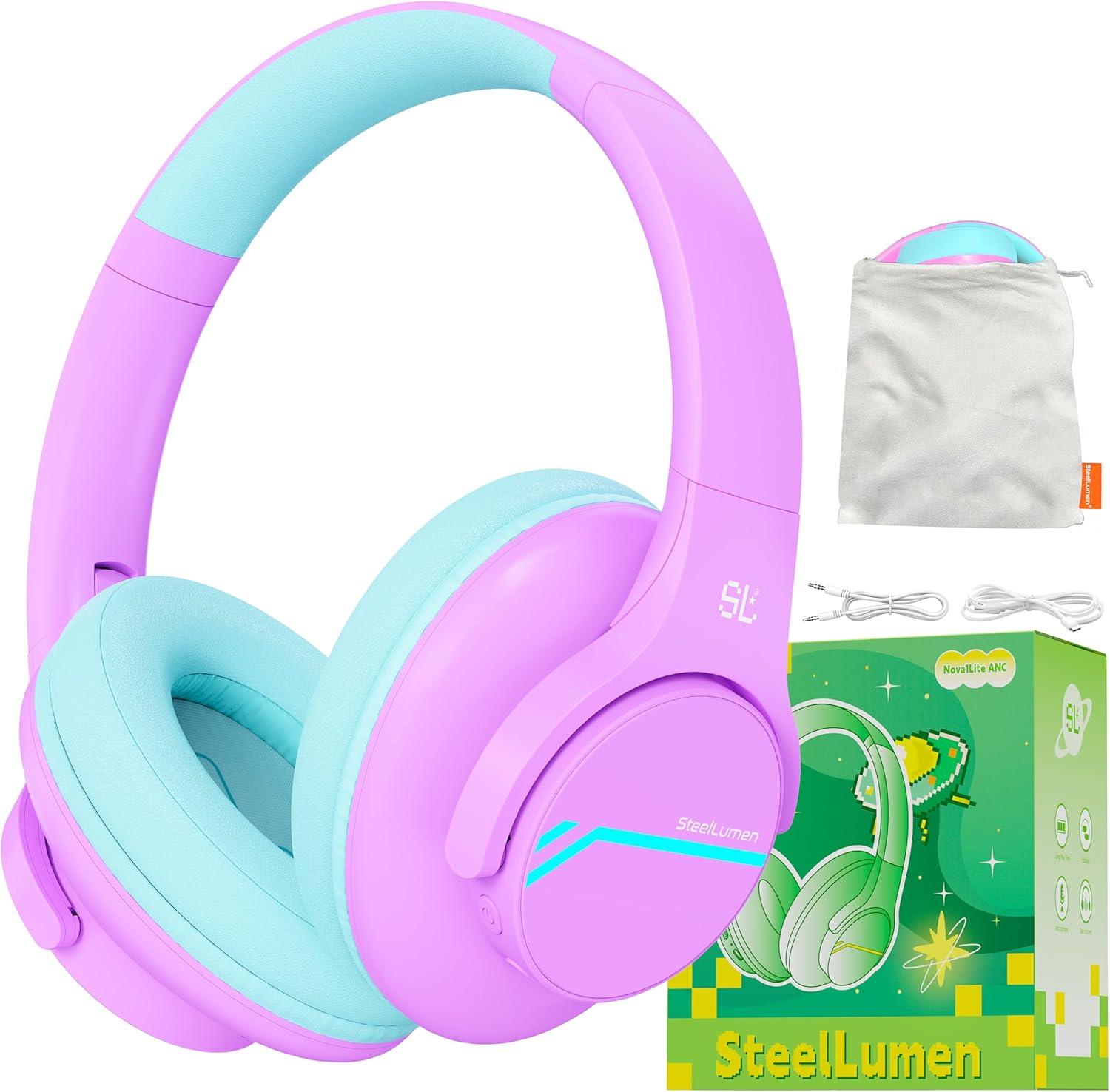 Steellumen Nova1Lite Kids Wireless Active Noise Cancelling Headphones, Bluetooth 5.3, Safe Volume 74/85/94dB, Real 40H Battery, Type-C Fast Charging, boy Girl Built-in Mic for School Travel Airplane