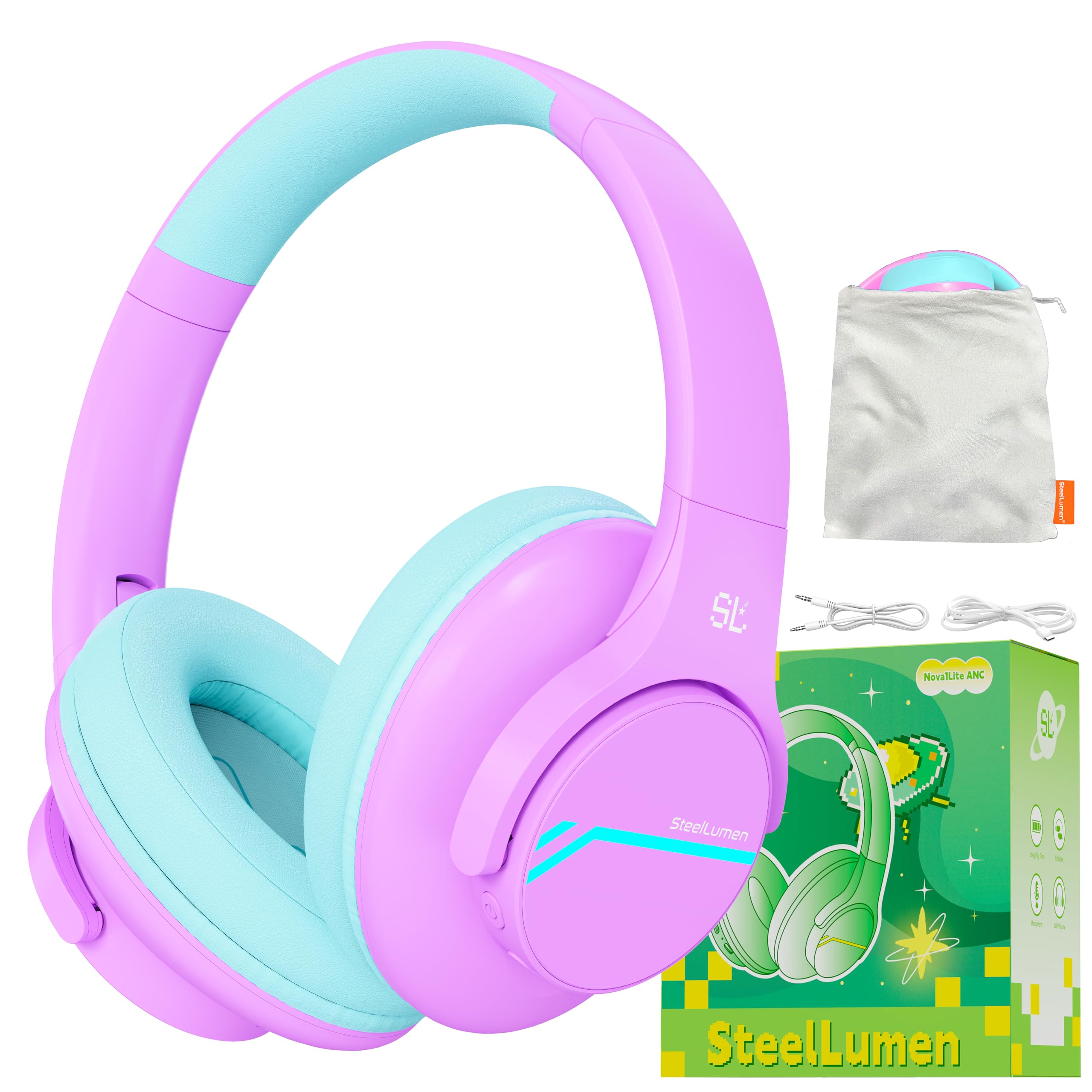Steellumen Nova1Lite Kids Wireless Active Noise Cancelling Headphones, Bluetooth 5.3, Safe Volume 74/85/94dB, Real 40H Battery, Type-C Fast Charging,
