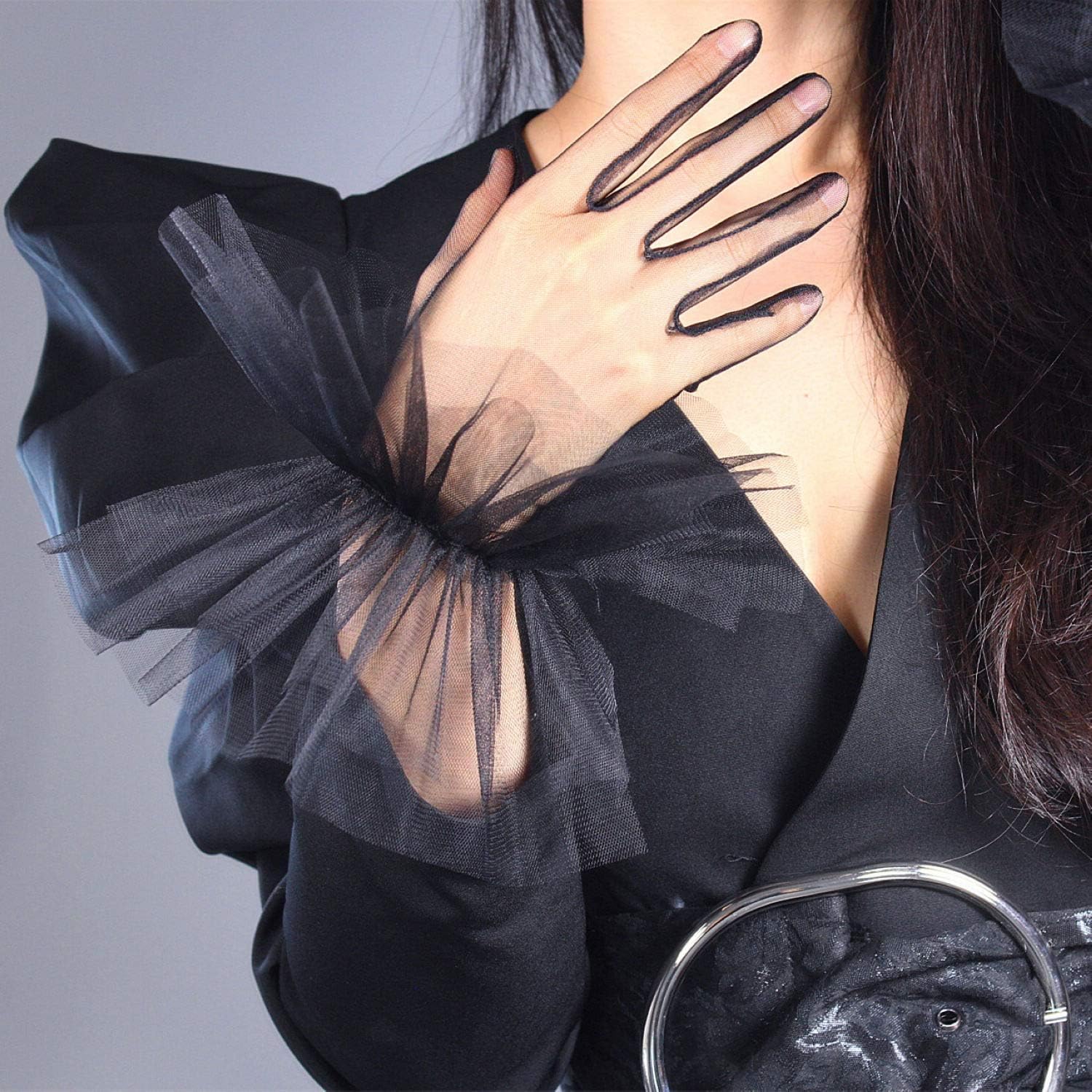DooWay Women Fashion Ruffle Gloves White Clown Cuffs Puffy Wrist Tulle Gloves Touchscreen Dressy Evening Tea Party