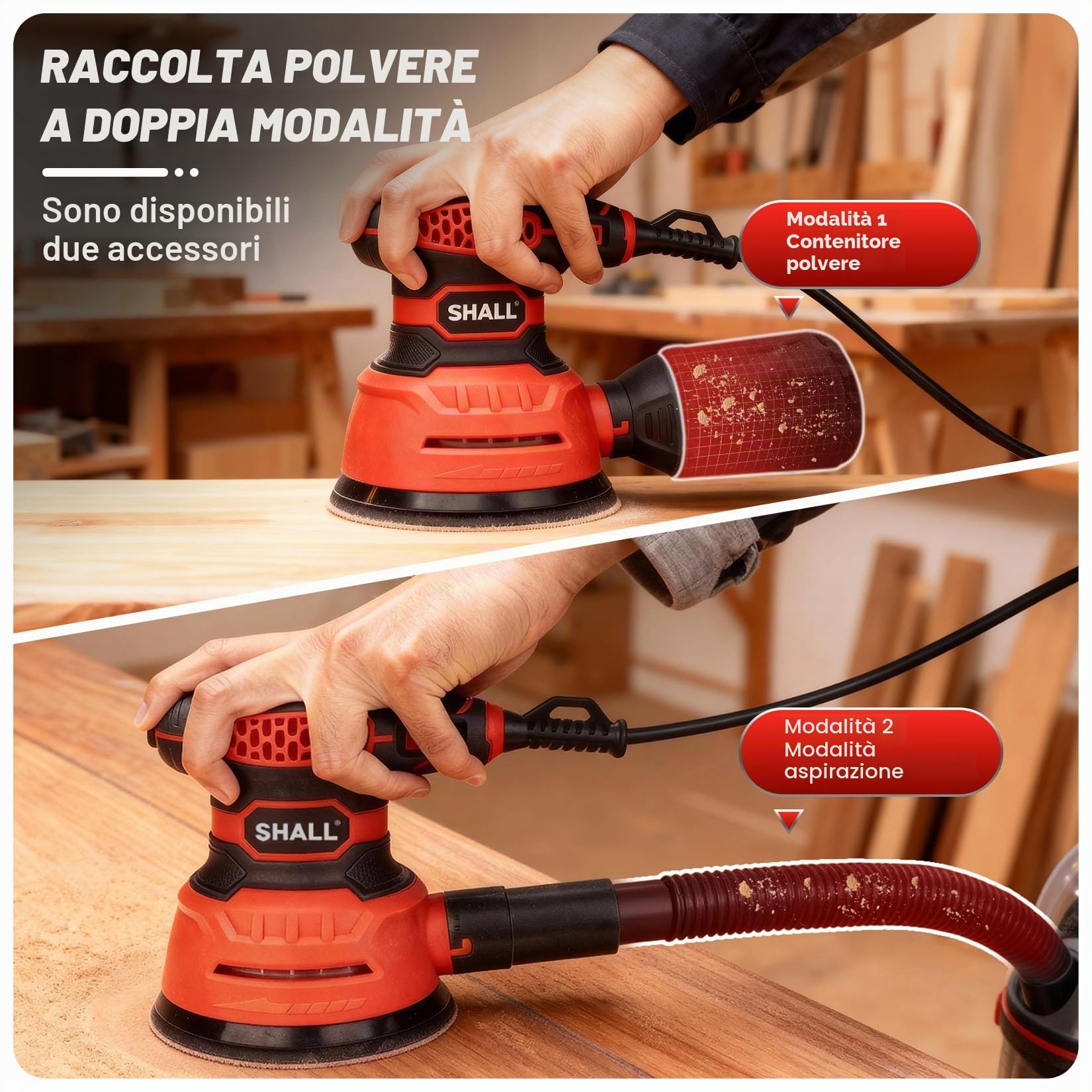SHALL Levigatrice Orbitale 350 W, 6 velocità variabili 13000 giri/min, utensile elettrico manuale da 125 mm, adatta per levigatura, lucidatura e lavorazione del legno