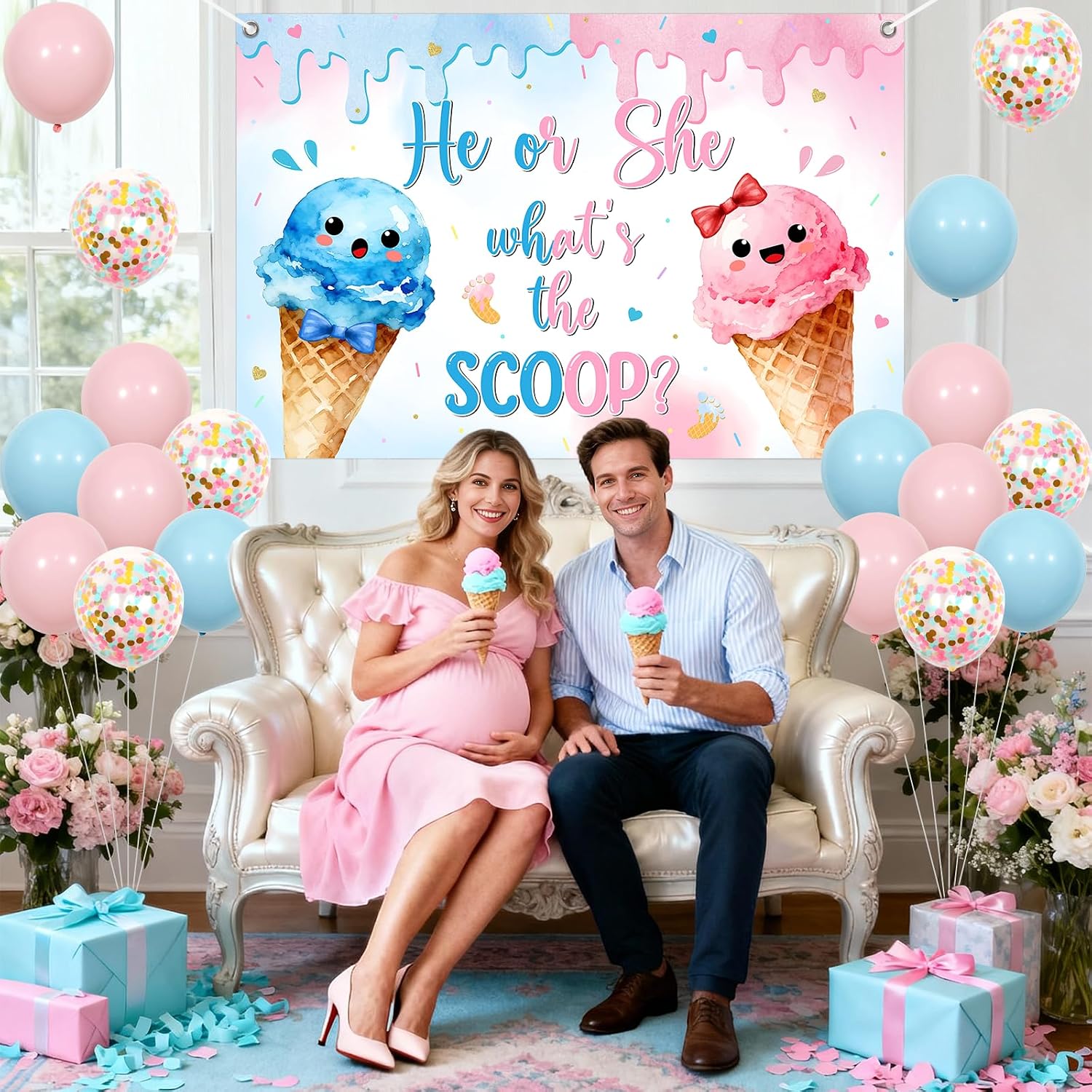 Ice Cream Gender Reveal Decorations Pink and Blue, He or She What’s The Scoop Backdrop Banner, Cake Topper, Honeycomb Centerpieces for Pregnancy Celebration Newborn Party
