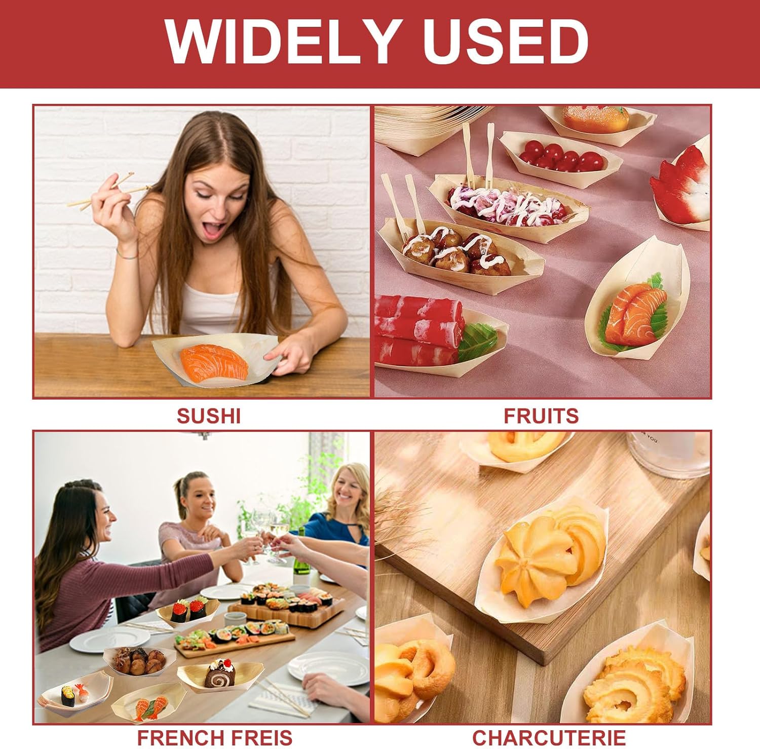 300 PCS Disposable Wood Boat Plates 6.7'', Charcuterie Bamboo Boats for Appetizers, Sushi, Food Serving Tray Container Wood Bowl for Catering and Home Use