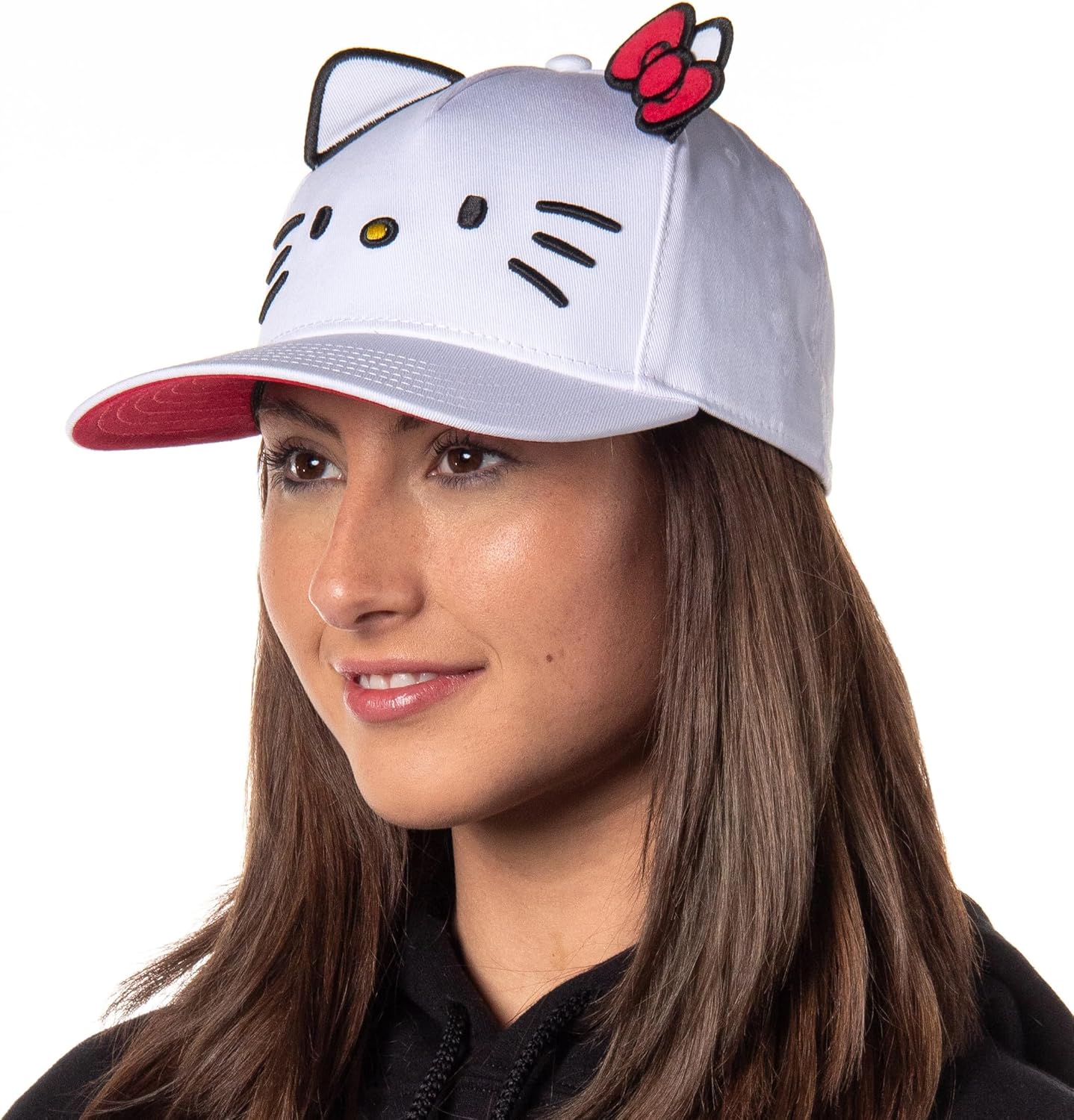 Sanrio Hello Kitty Embroidered Face and Whiskers Design Adult OSFM Snapback Hat with 3D Ears and Bow Cap for Men and Women White - Image 2