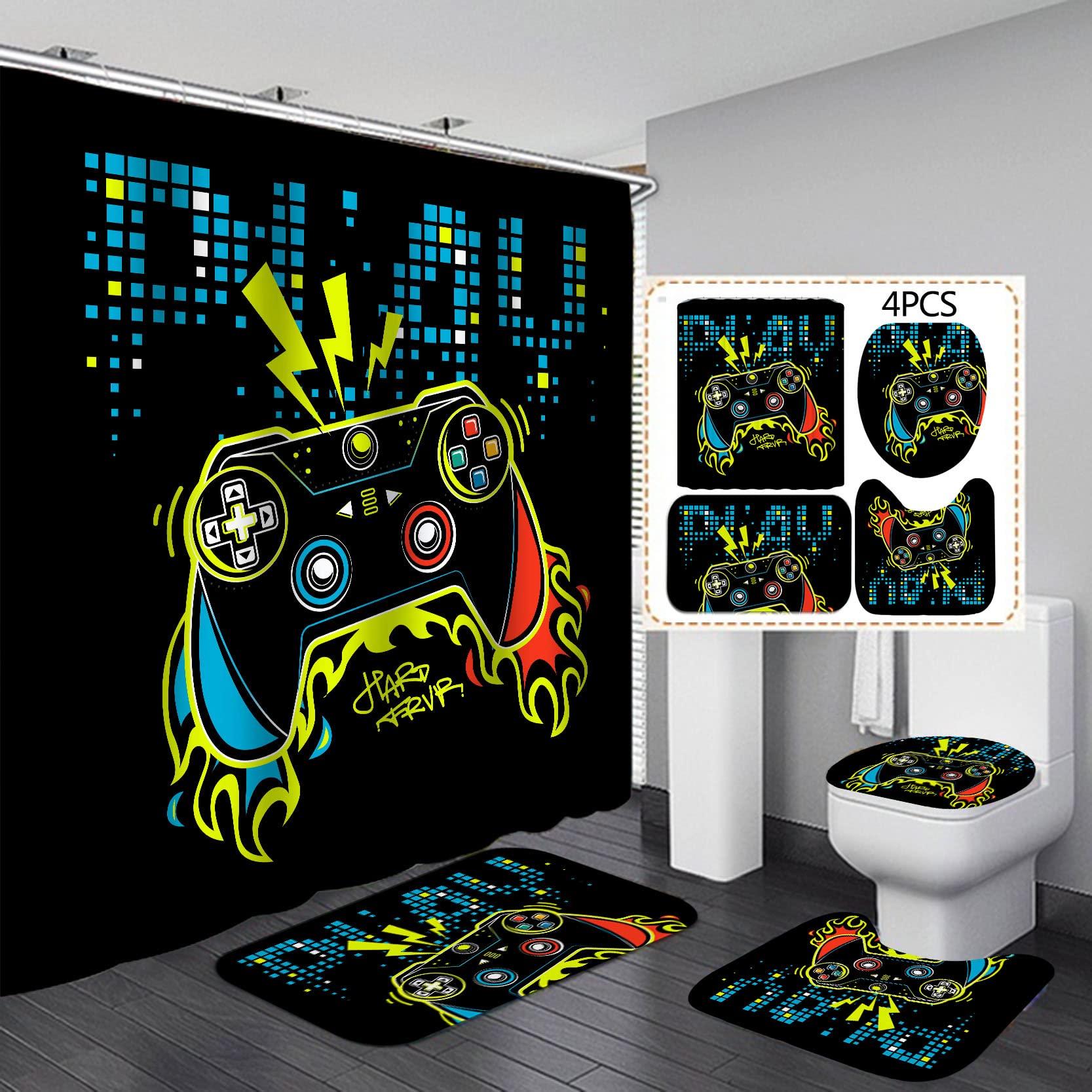 4 Pcs Gamer Playstation Shower Curtain Set with Rug for Bathroom Abstract Funny Video Game Shower Curtain for Kids Boy Waterproof Decor