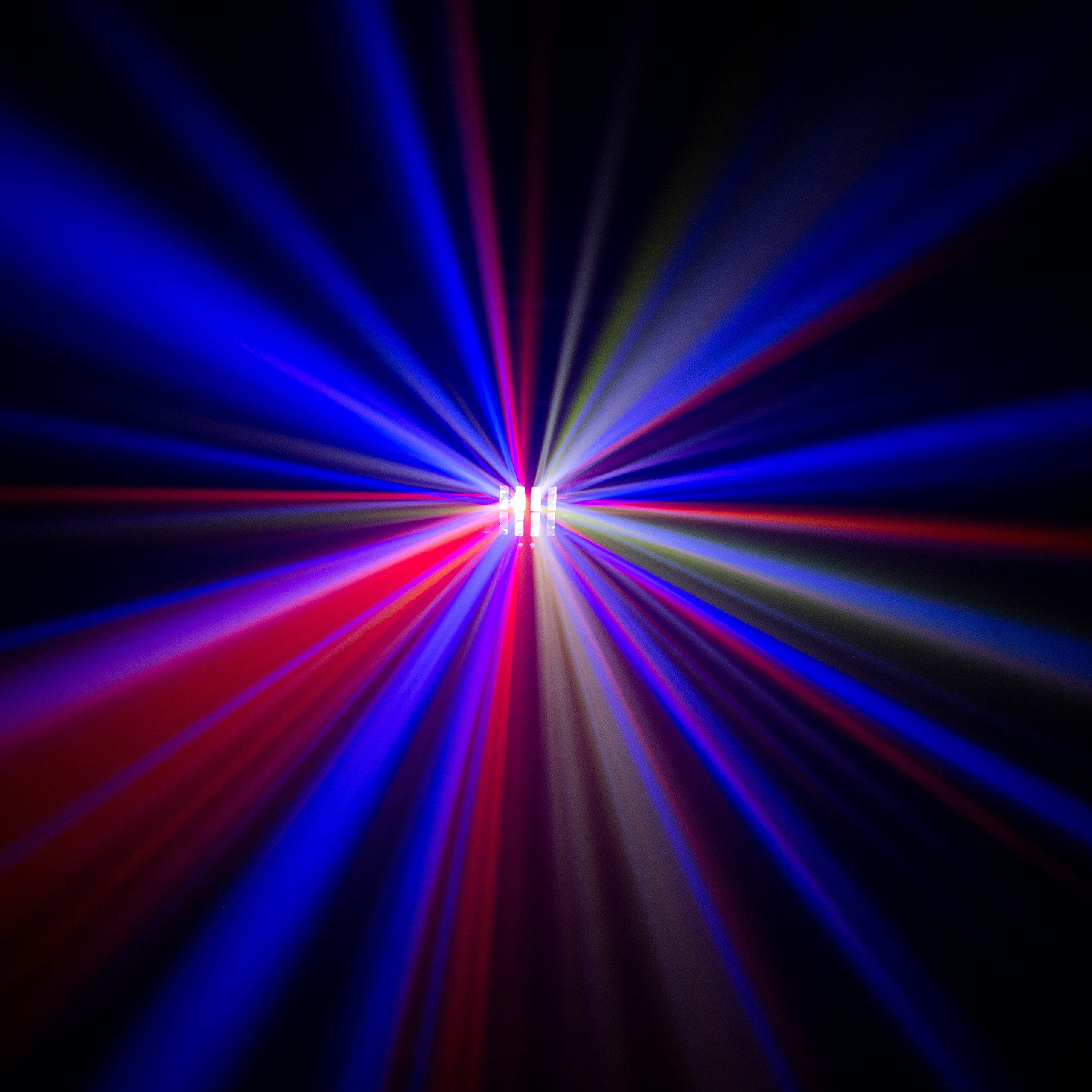 BoomToneDJ DerbyFX 4-en-1 Derby LED RGBWAPY 9x3W, UV Stroboscope, LZR rouge et vert. Jeux de lumière, Eclairage soirée DJ. Contrôle DMX, shows automatiques, détection musicale. Télécommande fournie